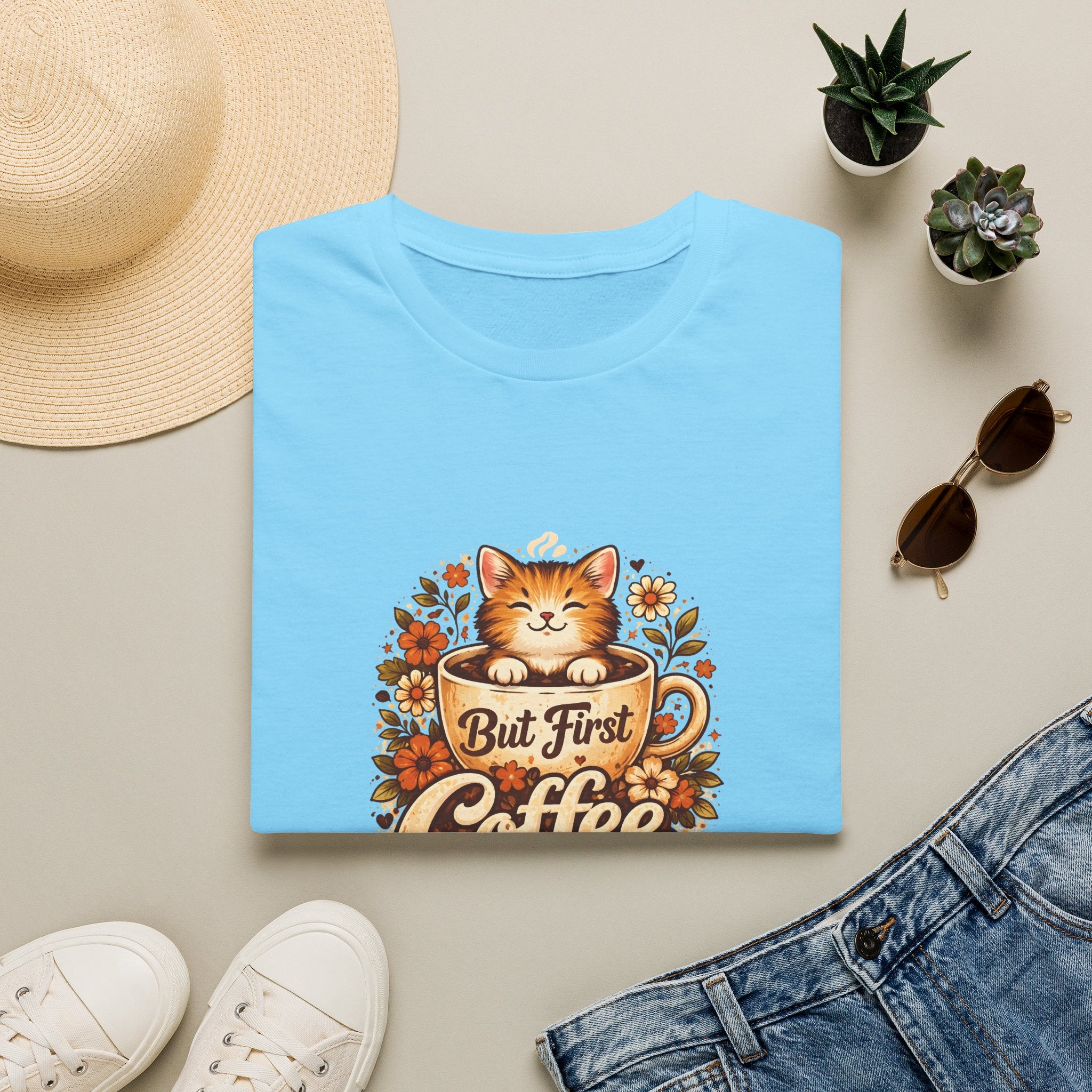But First Coffee Cat T-Shirt — Cute Floral Gift for Coffee Lovers Women's Tee