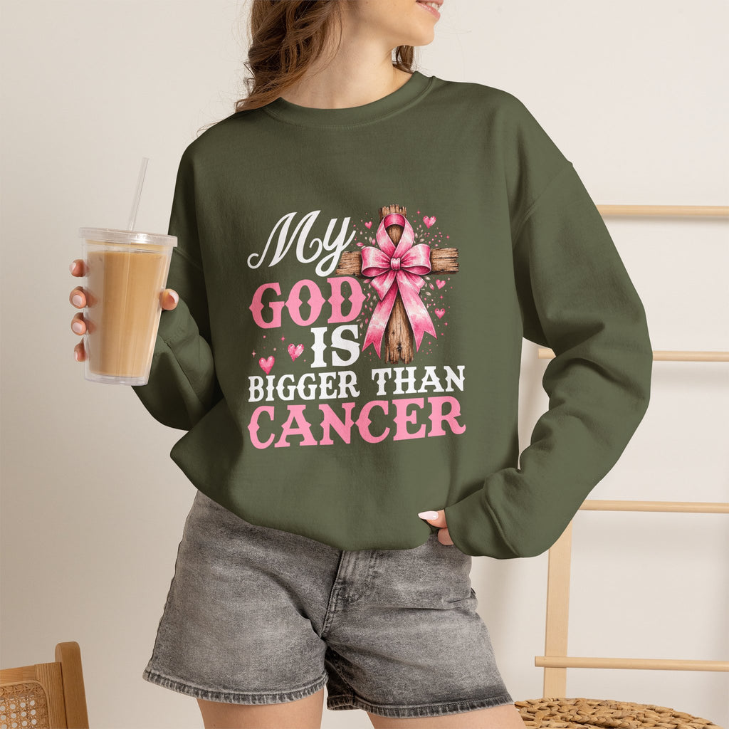 My God Is Bigger Than Cancer Breast Cancer Awareness Crewneck Sweatshirt