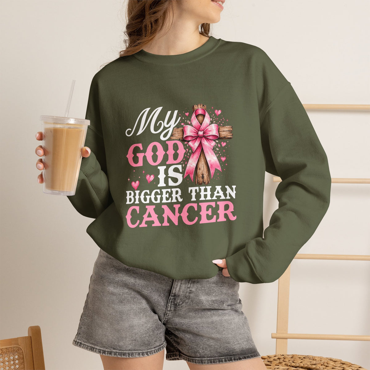 My God Is Bigger Than Cancer Breast Cancer Awareness Crewneck Sweatshirt