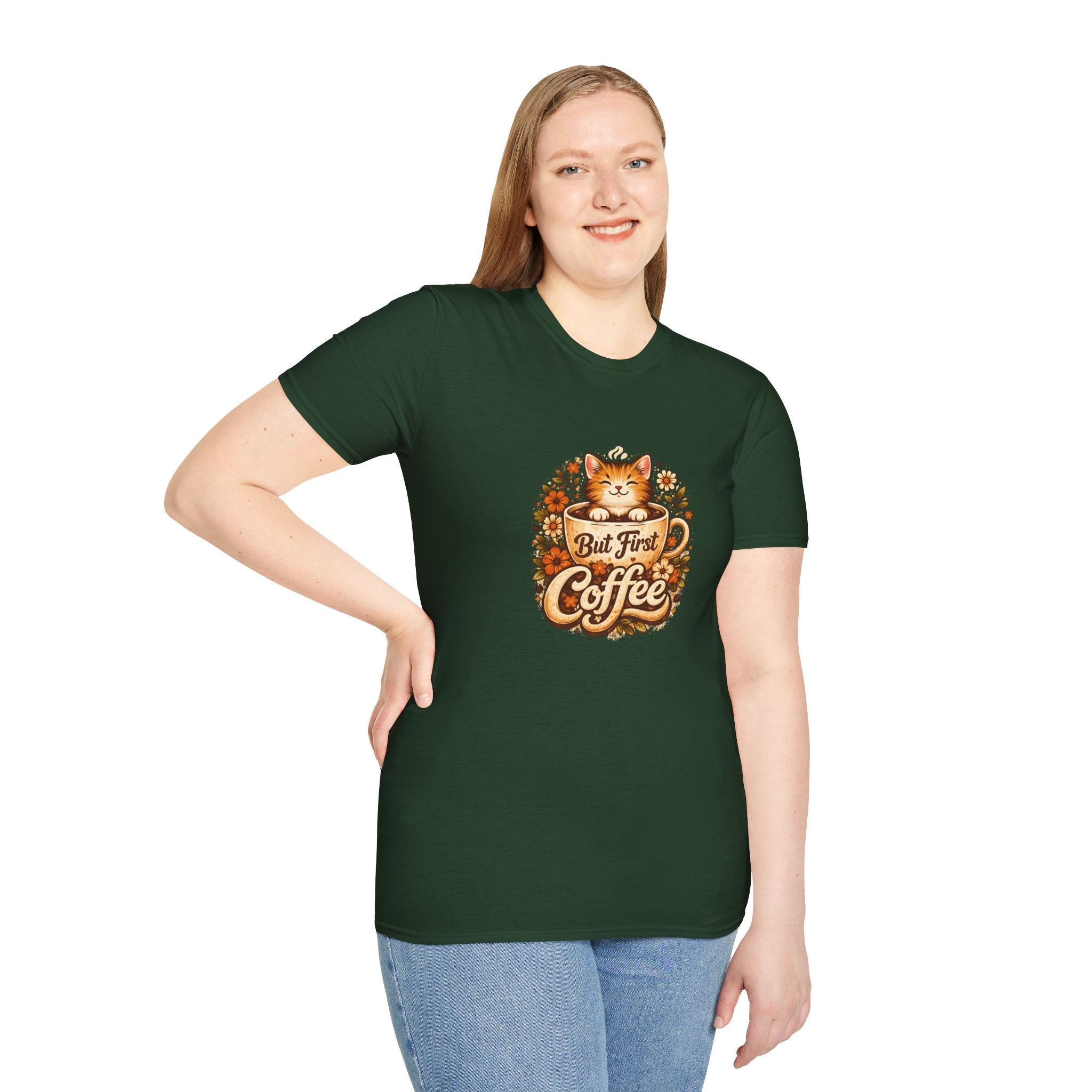 But First Coffee Cat T-Shirt — Cute Floral Gift for Coffee Lovers Women's Tee