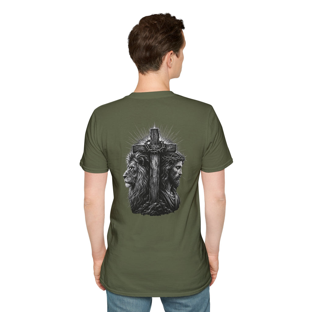 Cross Lion and Jesus Back Print T-Shirt — Wood Cross Chest Christian Faith Graphic