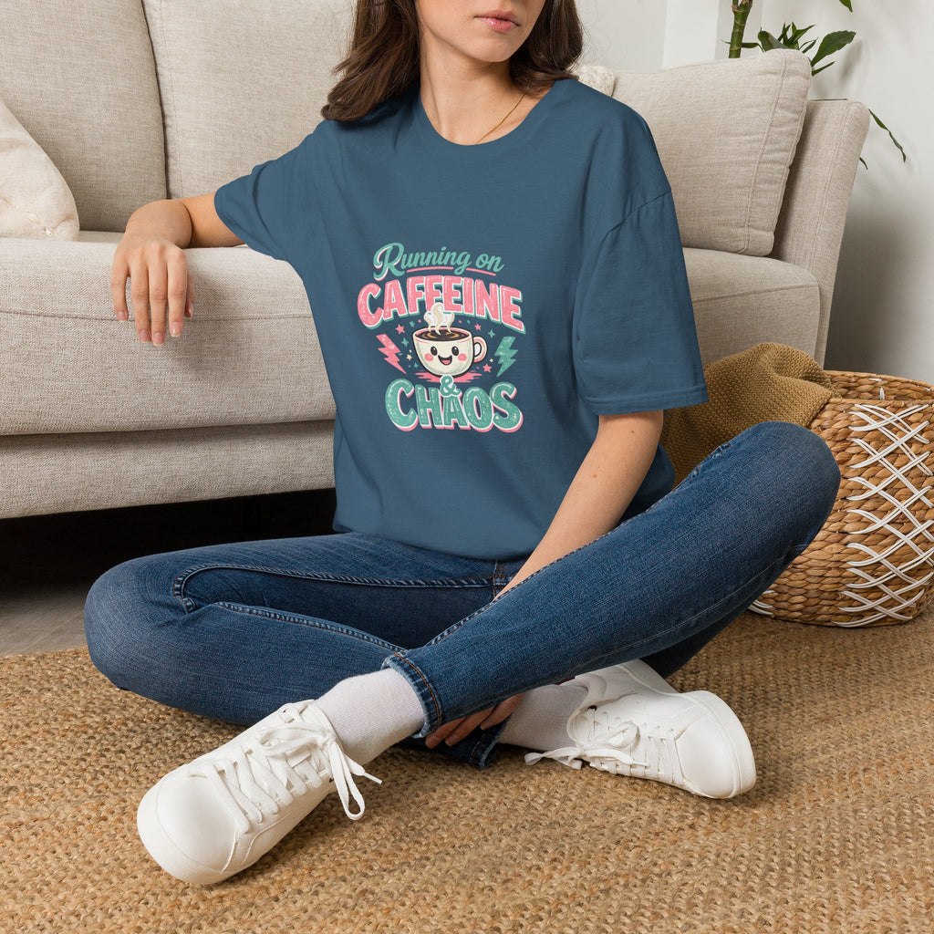 Running on Caffeine & Chaos T-Shirt — Funny Gift for Coffee Loving Moms Graphic Tee