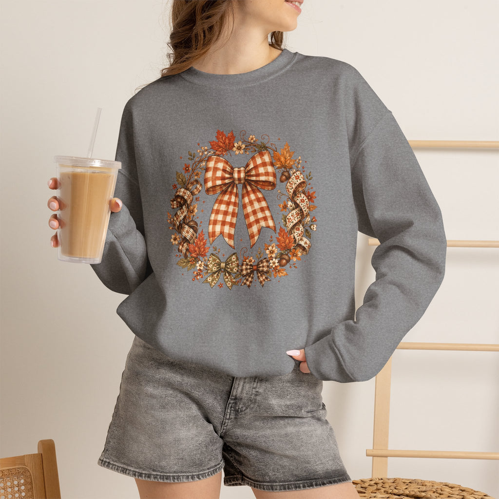 Cozy Autumn Plaid Bow Wreath Crewneck Sweatshirt