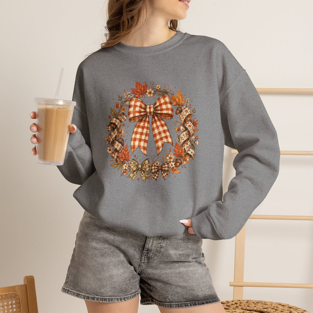 Cozy Autumn Plaid Bow Wreath Crewneck Sweatshirt