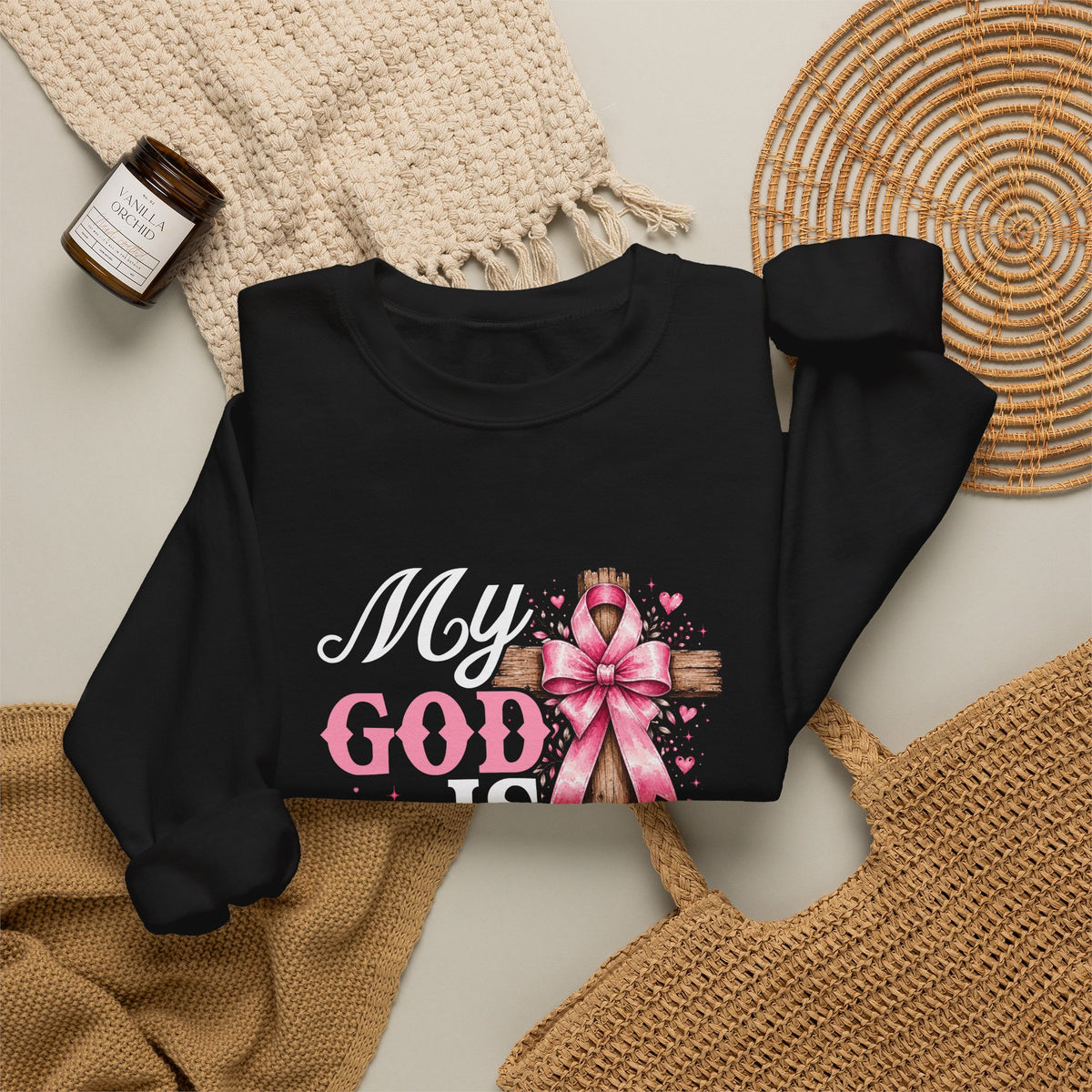 My God Is Bigger Than Cancer Breast Cancer Awareness Crewneck Sweatshirt