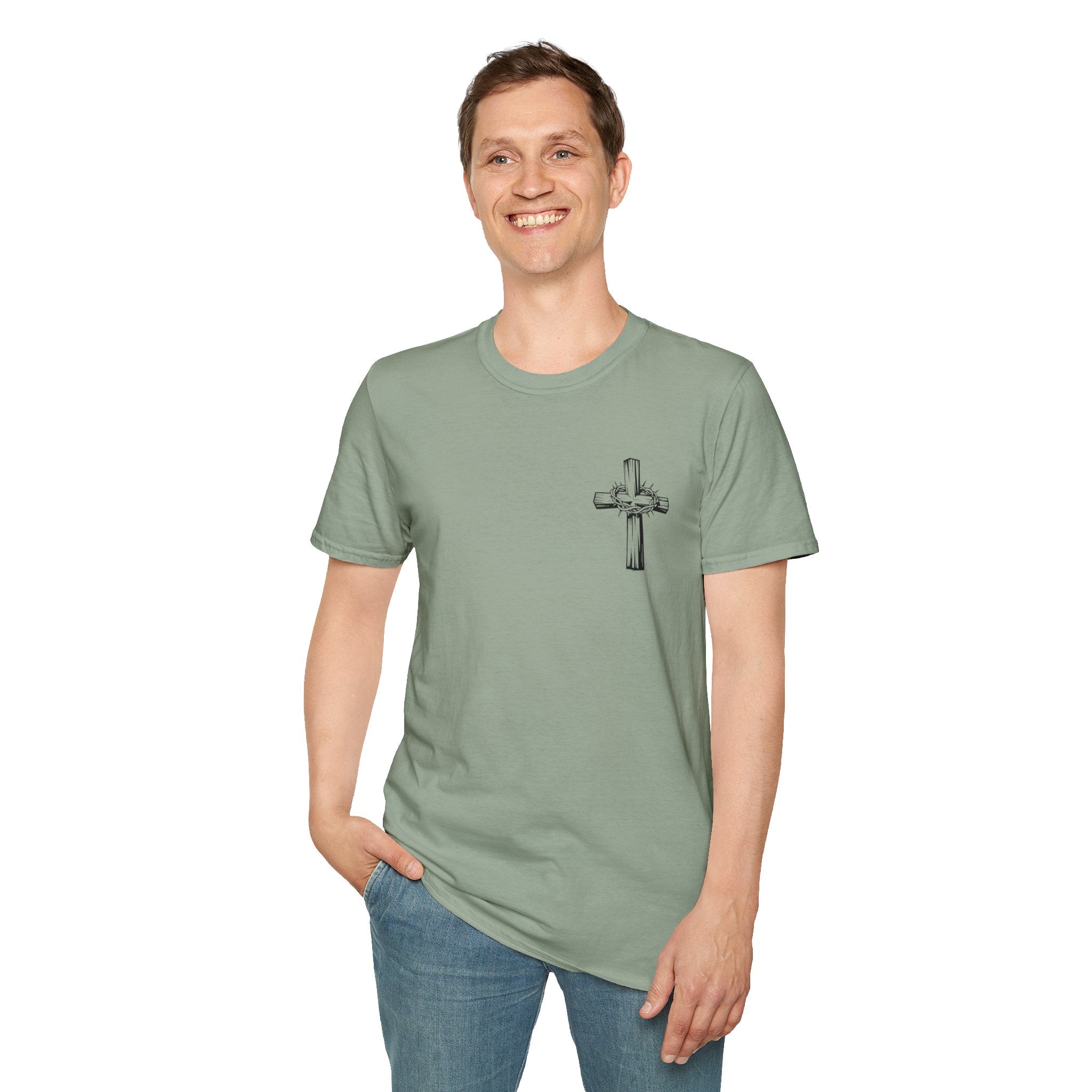Cross Lion and Jesus Back Print T-Shirt — Wood Cross Chest Christian Faith Graphic