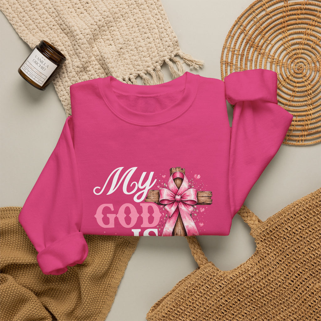 My God Is Bigger Than Cancer Breast Cancer Awareness Crewneck Sweatshirt