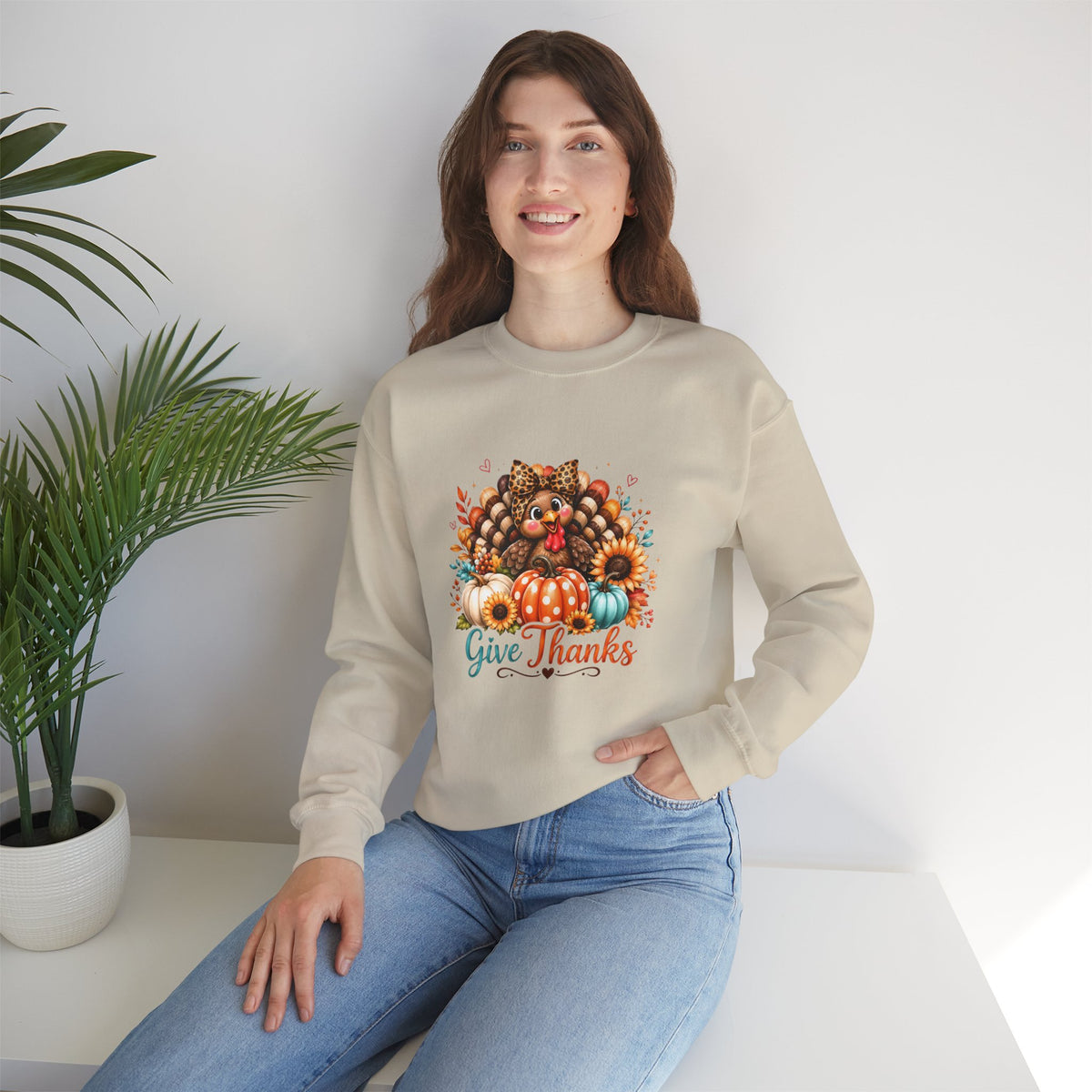 Sweatshirt — "Give Thanks" Autumn Turkey & Pumpkin Thanksgiving Crewneck