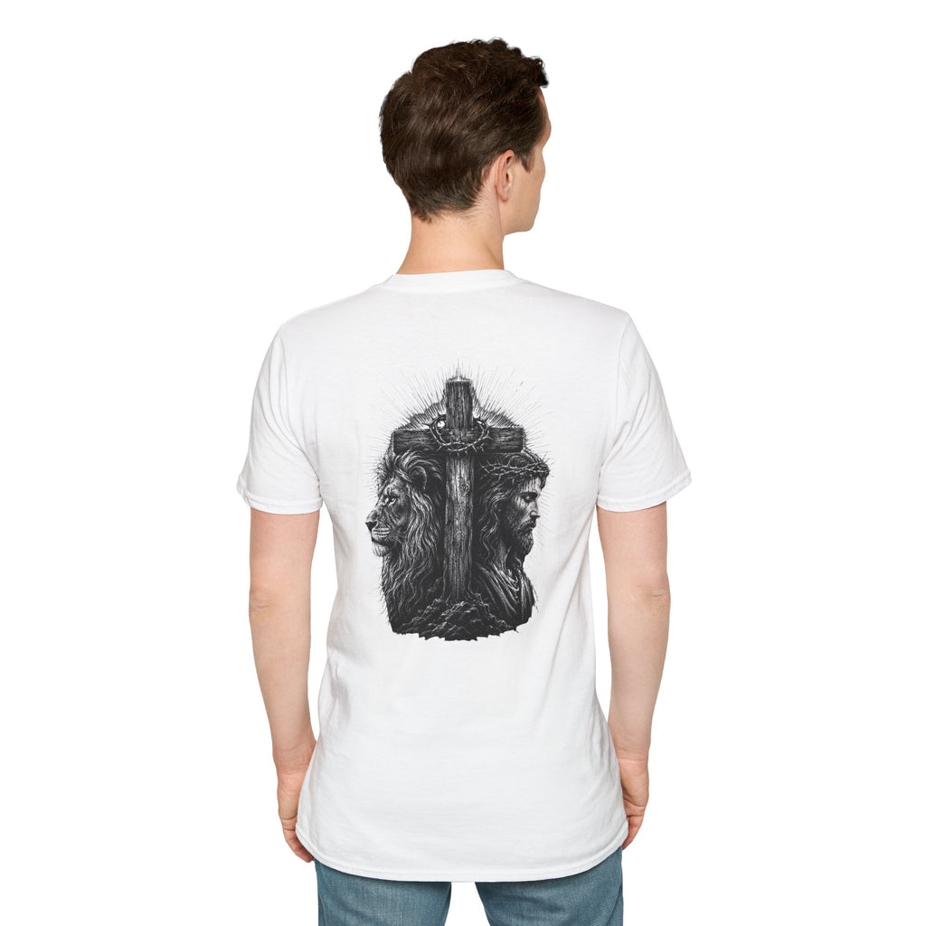 Cross Lion and Jesus Back Print T-Shirt — Wood Cross Chest Christian Faith Graphic