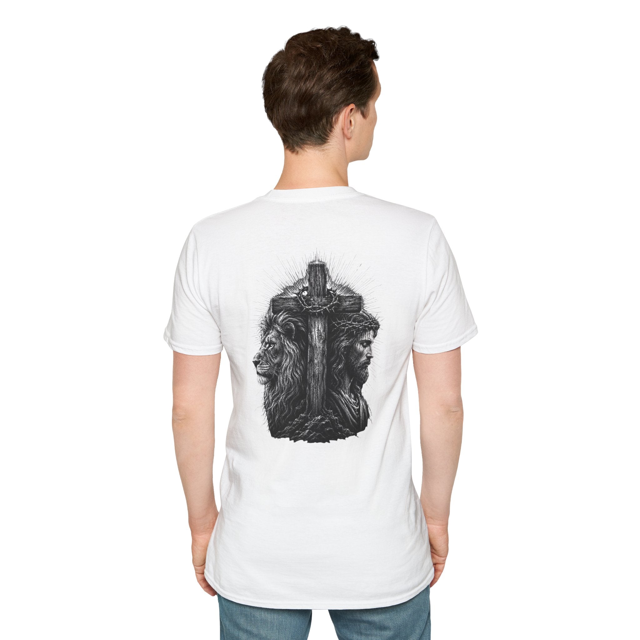 Cross Lion and Jesus Back Print T-Shirt — Wood Cross Chest Christian Faith Graphic