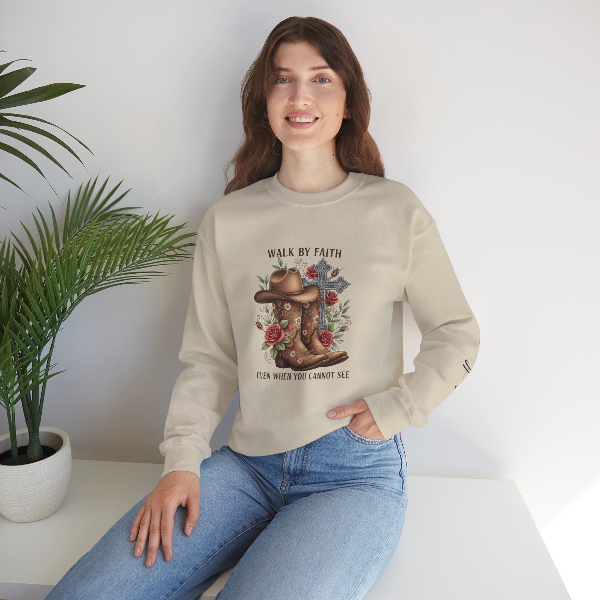 Faith Cowboy Boots Sweatshirt — "Walk by Faith, Even When You Cannot See" Christian Crewneck