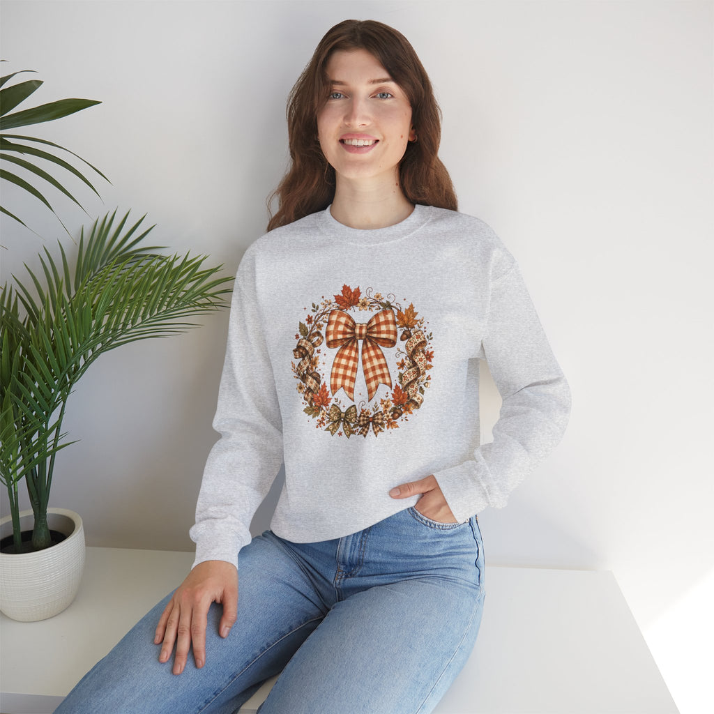 Cozy Autumn Plaid Bow Wreath Crewneck Sweatshirt