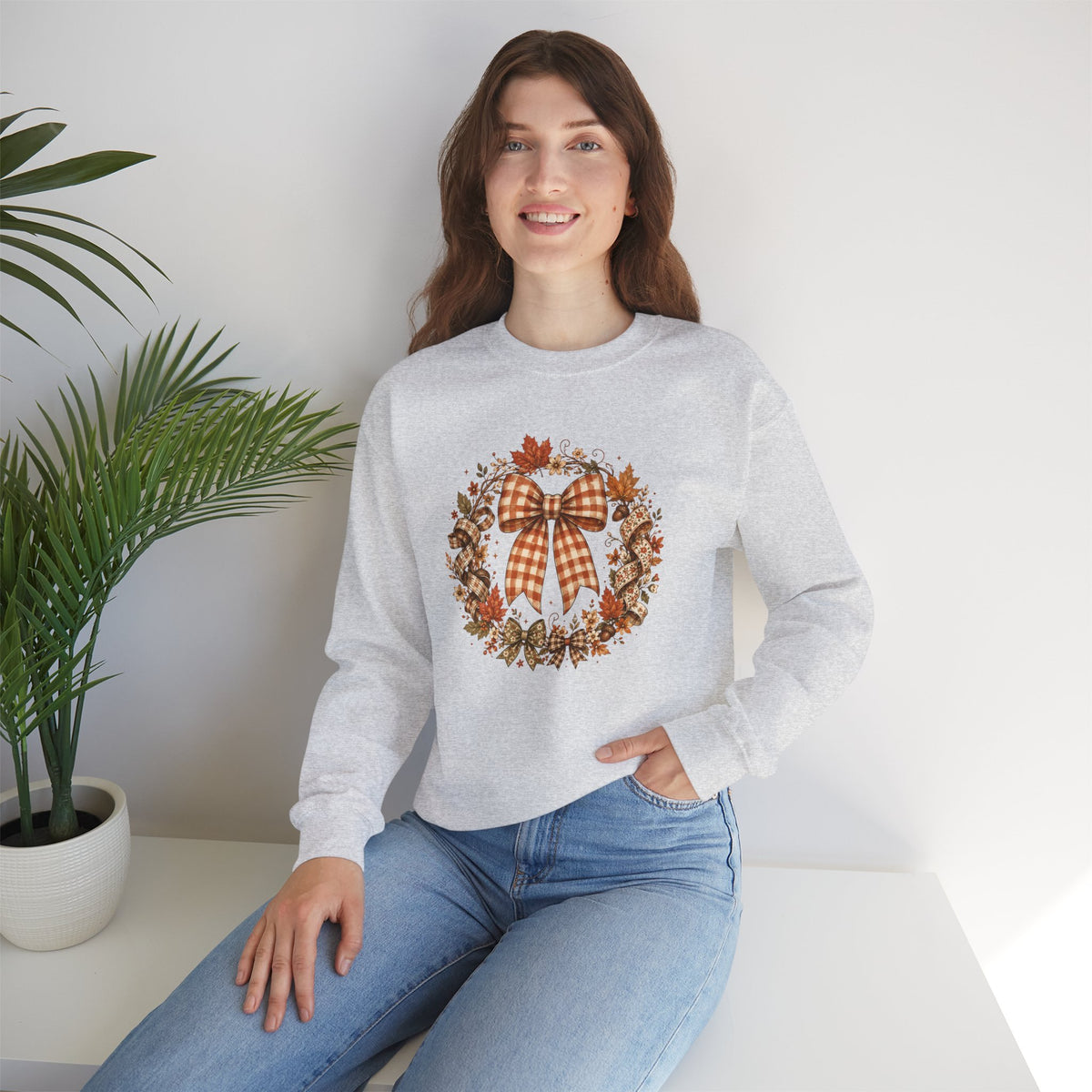 Cozy Autumn Plaid Bow Wreath Crewneck Sweatshirt