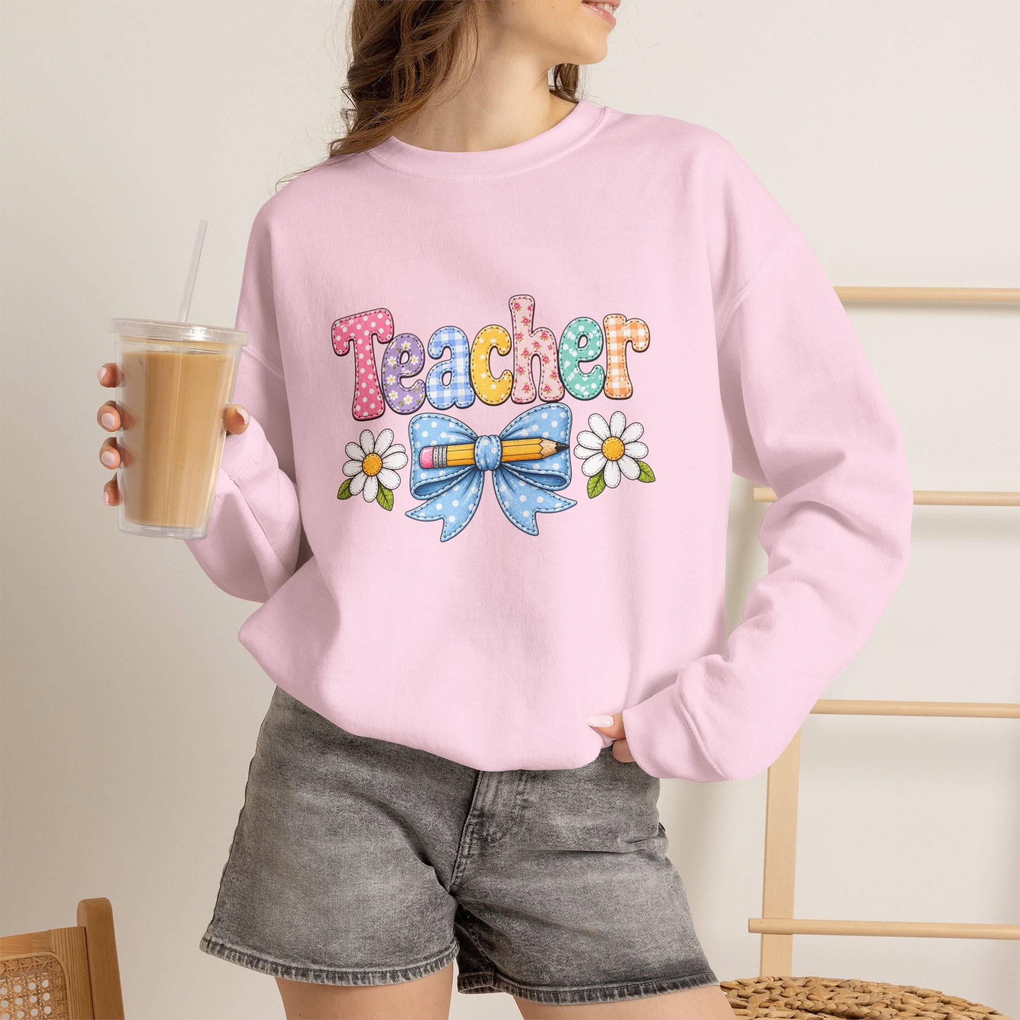 Teacher Floral Bow Sweatshirt — Cute Pastel Gift for Teachers Appreciation Crewneck