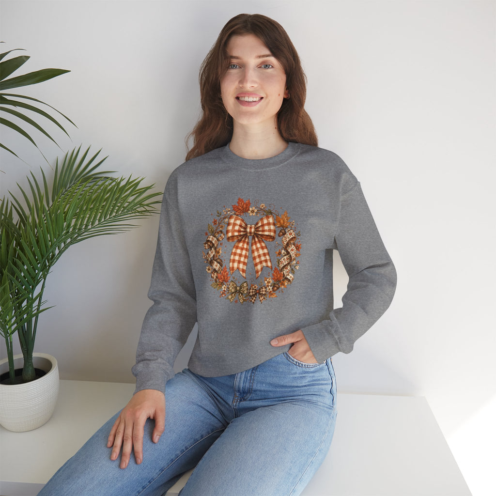 Cozy Autumn Plaid Bow Wreath Crewneck Sweatshirt
