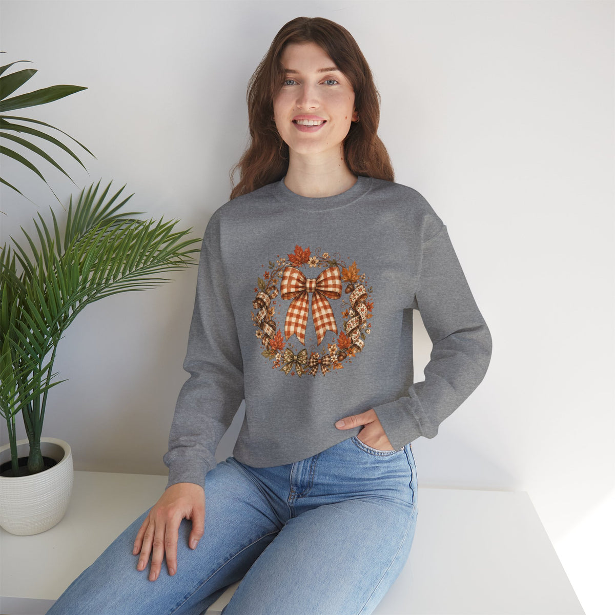 Cozy Autumn Plaid Bow Wreath Crewneck Sweatshirt