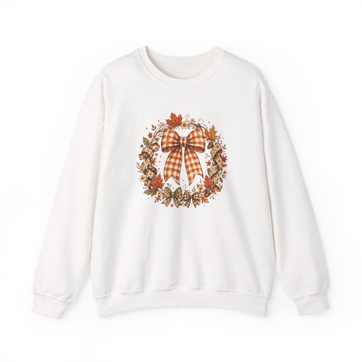 Cozy Autumn Plaid Bow Wreath Crewneck Sweatshirt