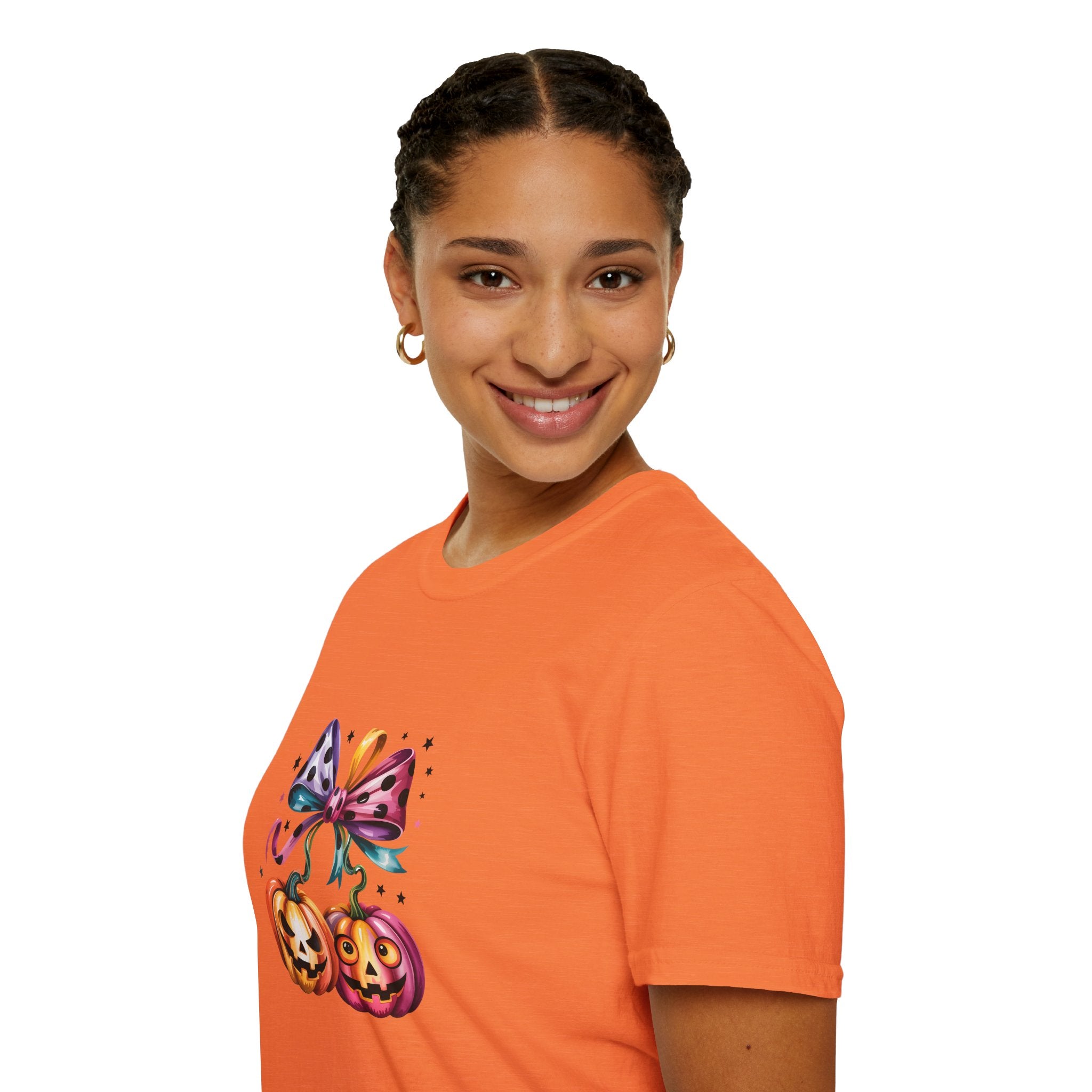 Halloween Pumpkin Bow T-Shirt — Cute Colorful Gift for Women Jack-O'-Lantern Tee