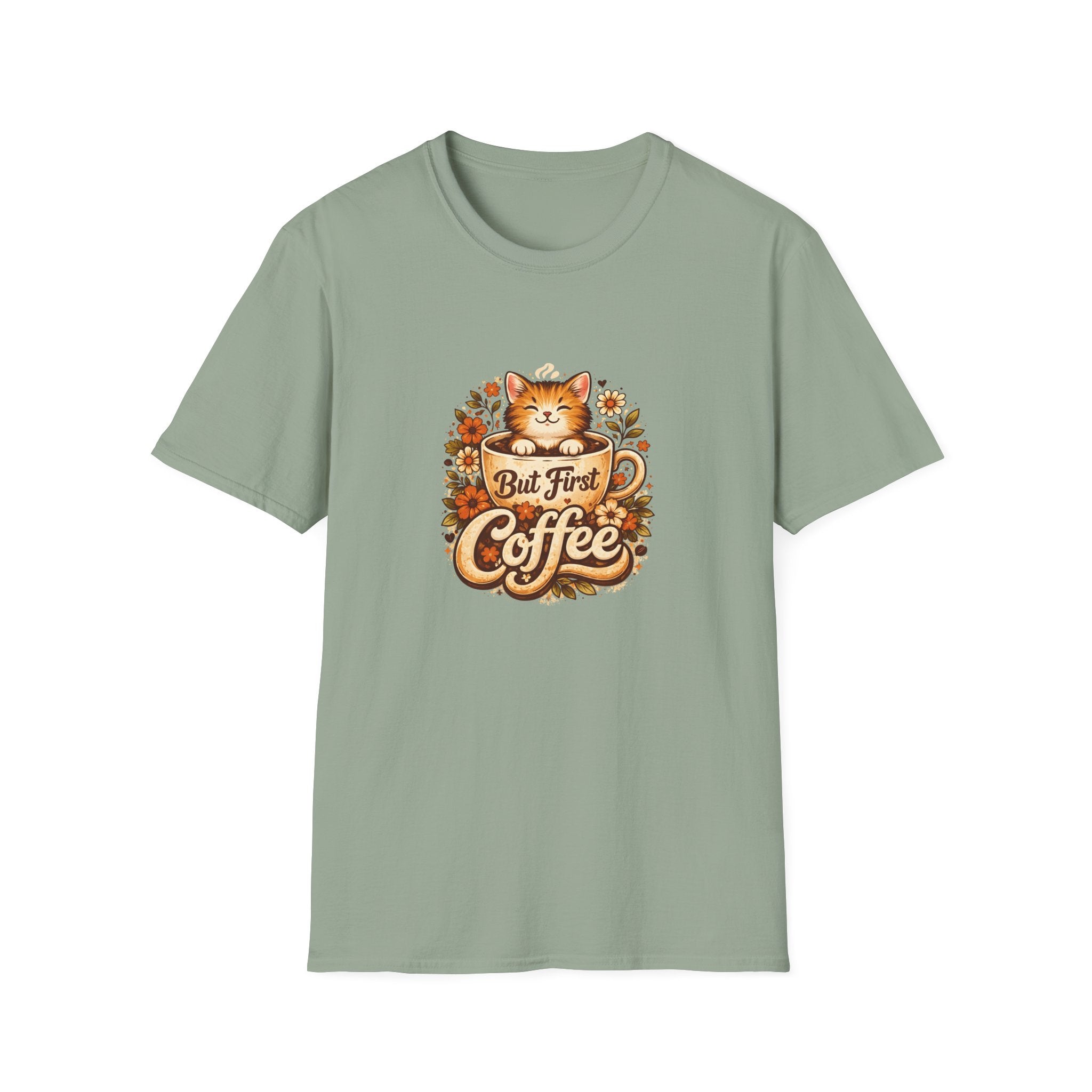 But First Coffee Cat T-Shirt — Cute Floral Gift for Coffee Lovers Women's Tee