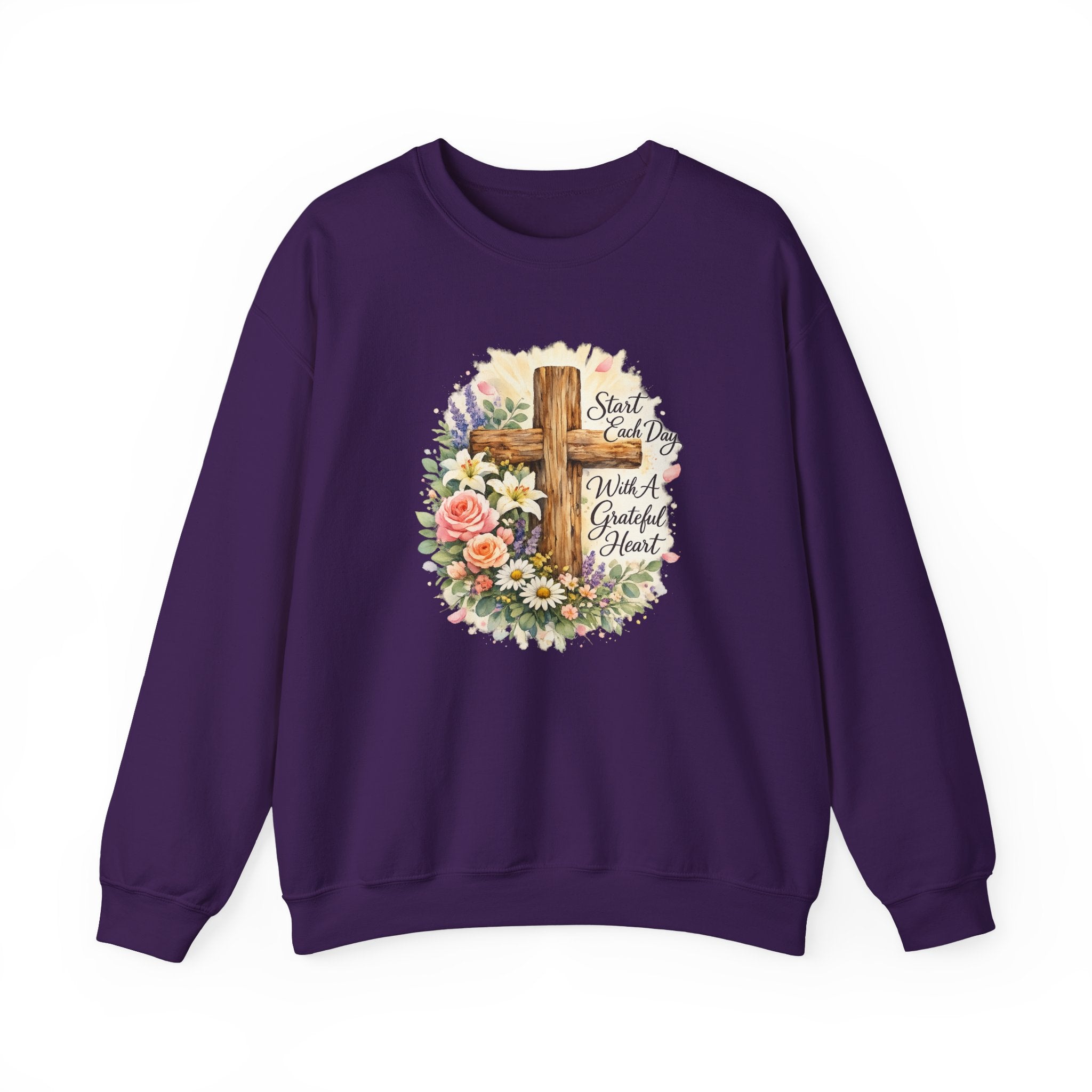 Christian Crewneck Sweatshirt — "Start Each Day with a Grateful Heart" Floral Cross