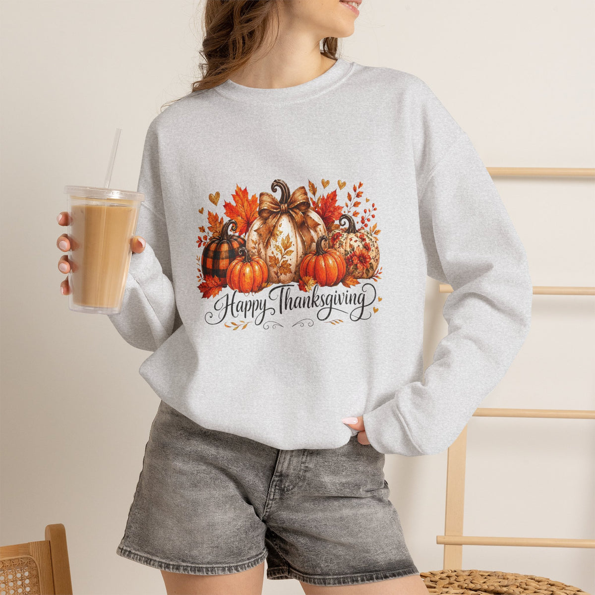 Thanksgiving Pumpkin Crewneck Sweatshirt — Happy Thanksgiving Harvest Design