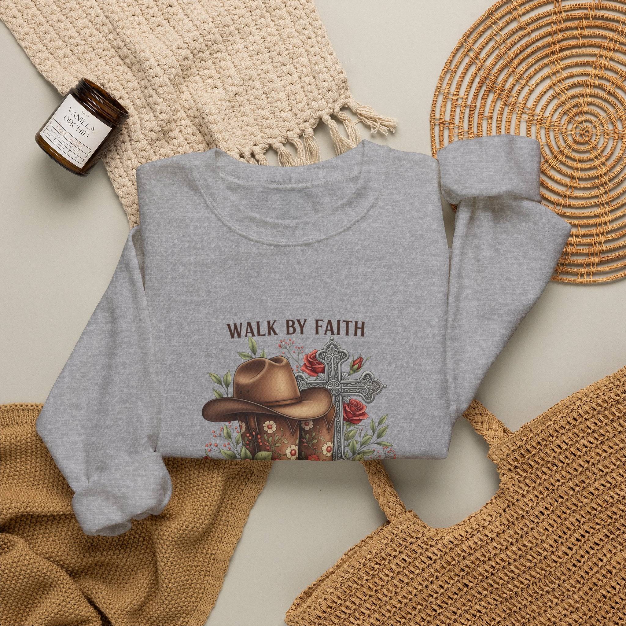 Faith Cowboy Boots Sweatshirt — "Walk by Faith, Even When You Cannot See" Christian Crewneck