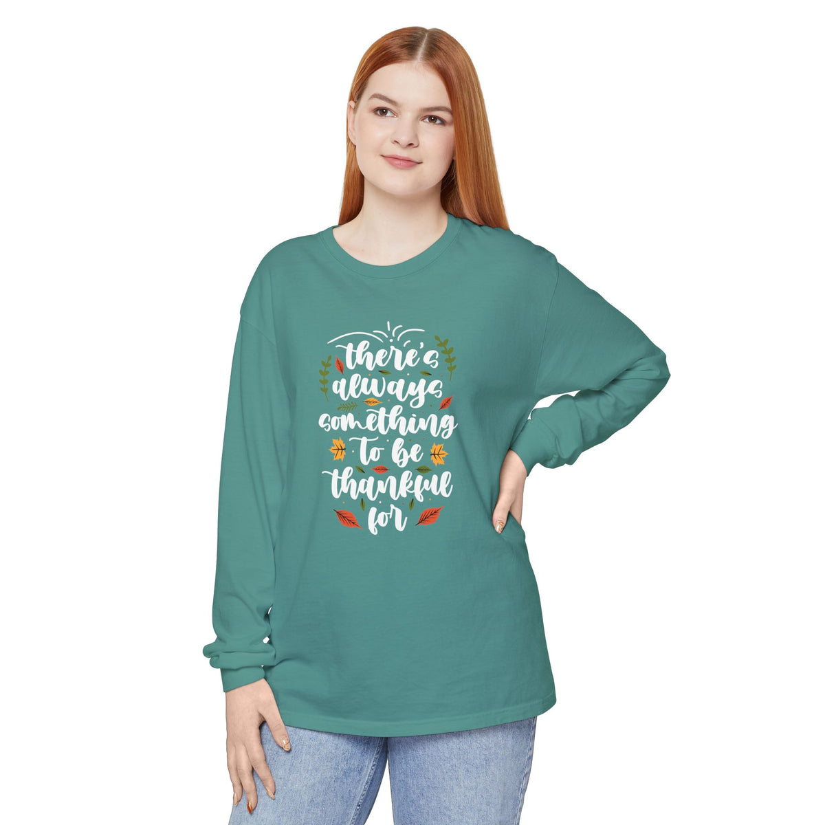 Thankful For Crewneck Long Sleeve Tee — Fall Thanksgiving Gratitude Shirt