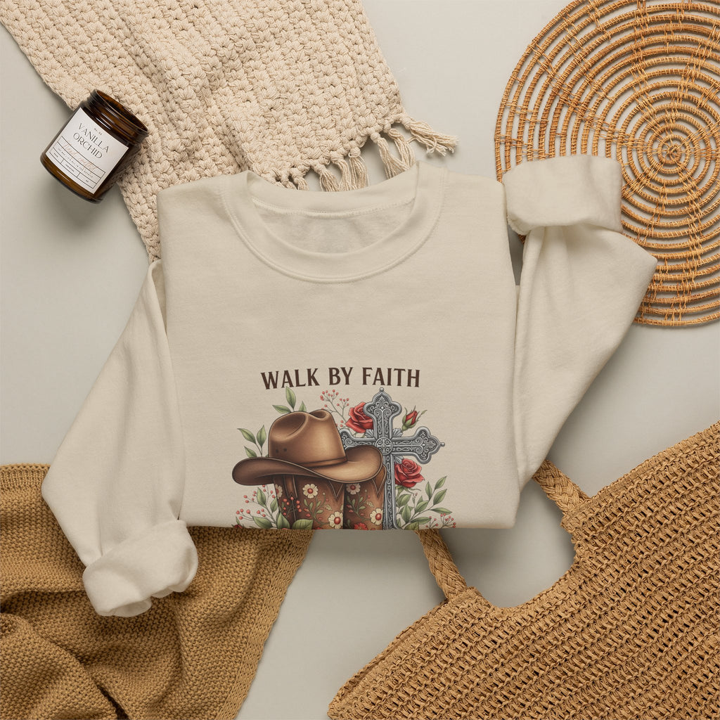Faith Cowboy Boots Sweatshirt — "Walk by Faith, Even When You Cannot See" Christian Crewneck