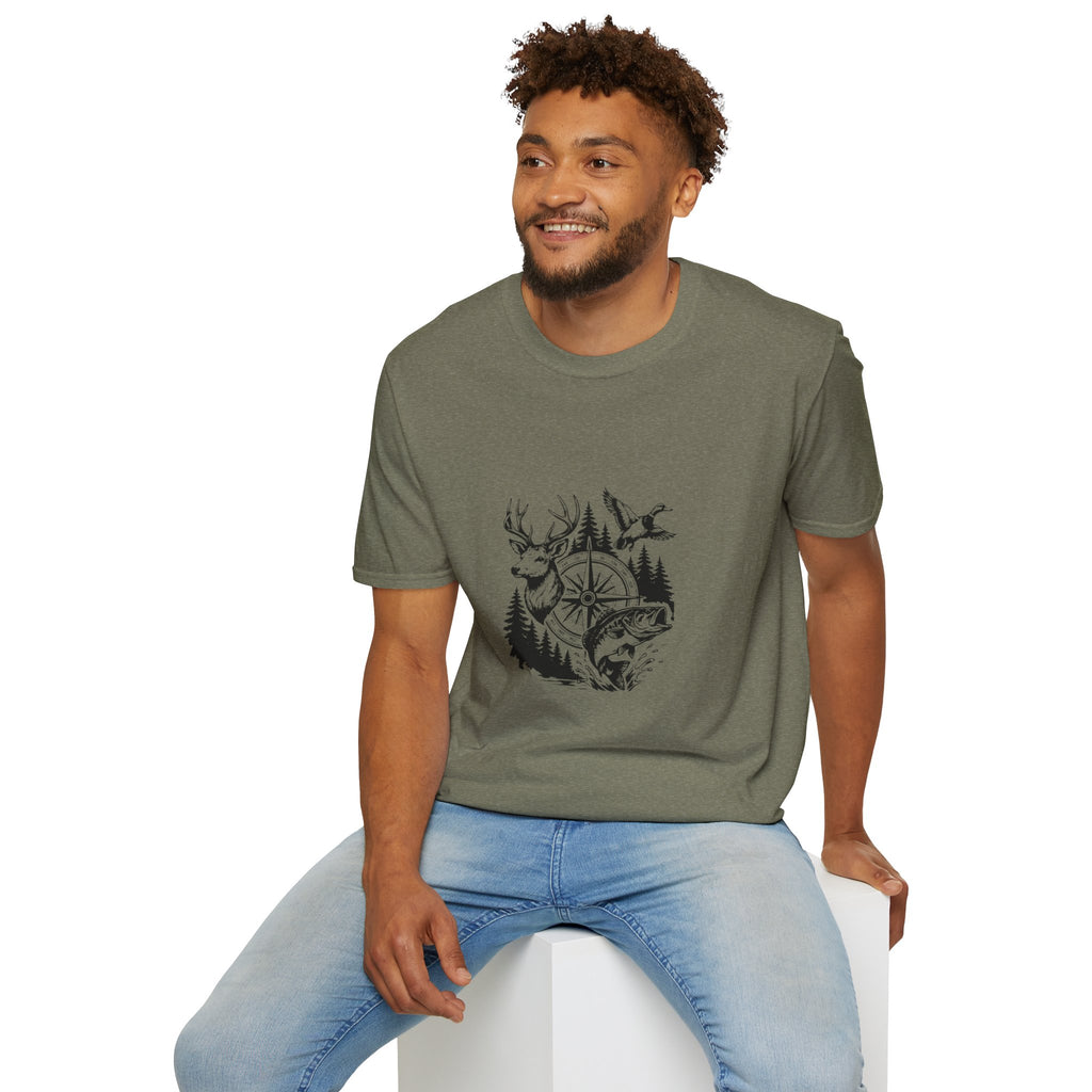 Outdoor Wildlife Compass T-Shirt — Deer Duck & Fish Nature Gift for Hunters