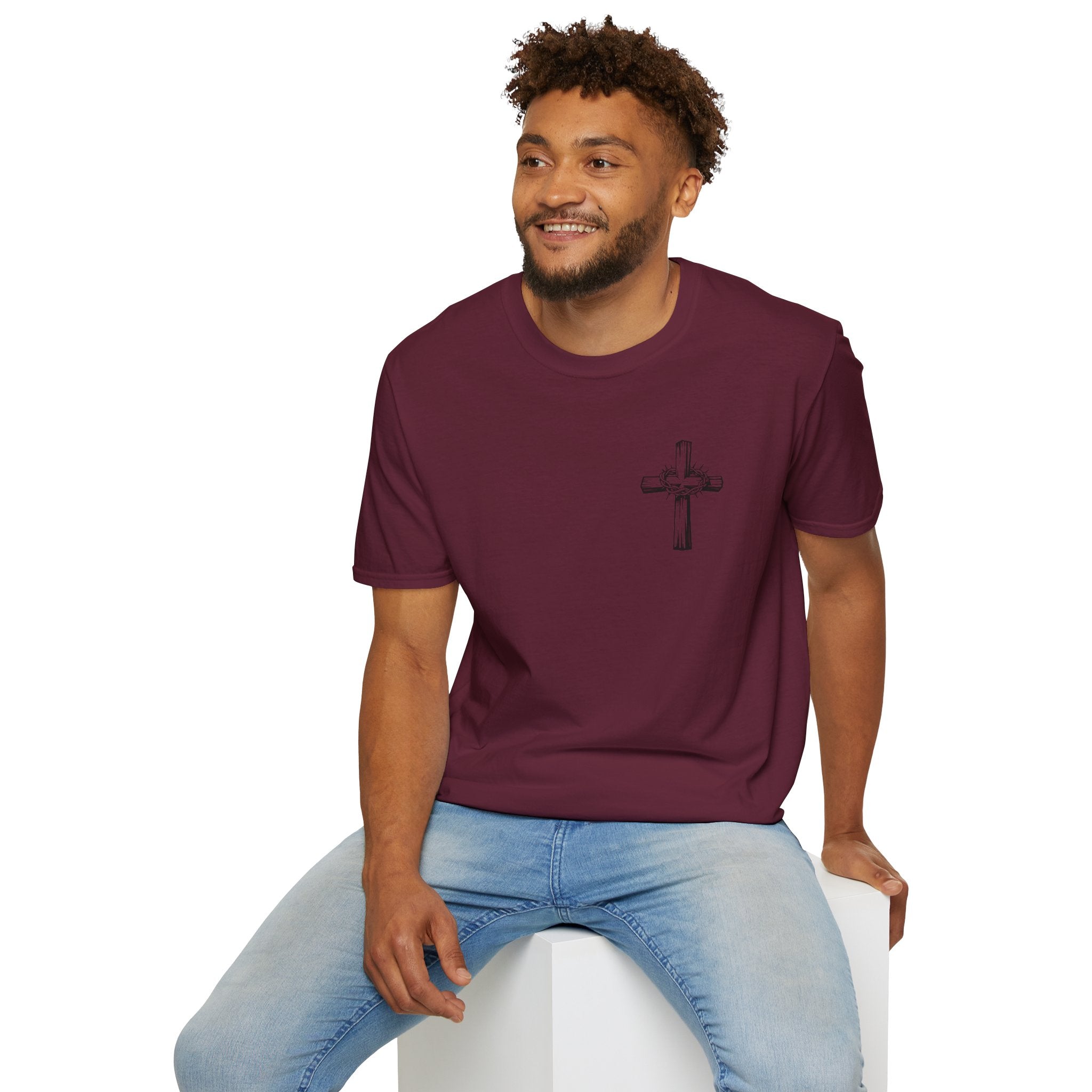 Cross Lion and Jesus Back Print T-Shirt — Wood Cross Chest Christian Faith Graphic