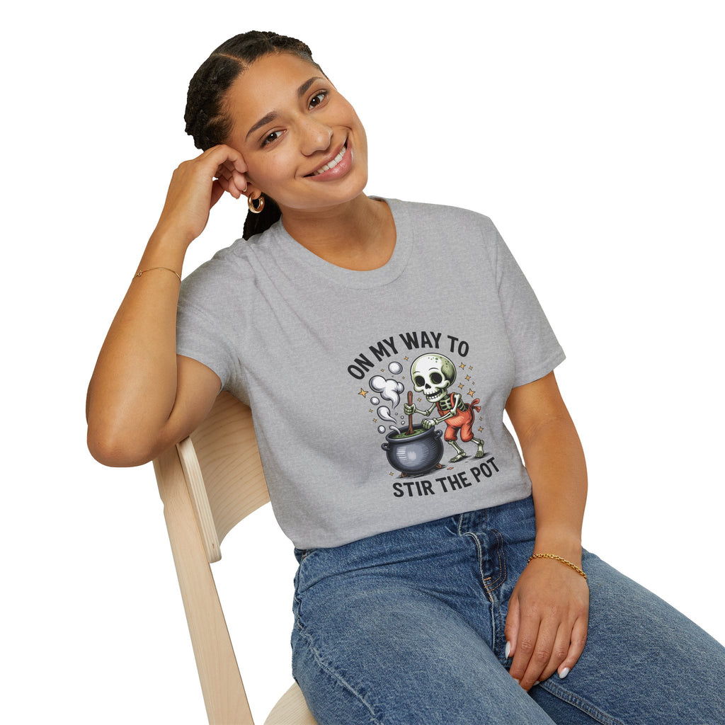 On My Way to Stir the Pot Skeleton T-Shirt — Funny Halloween Gift for Women