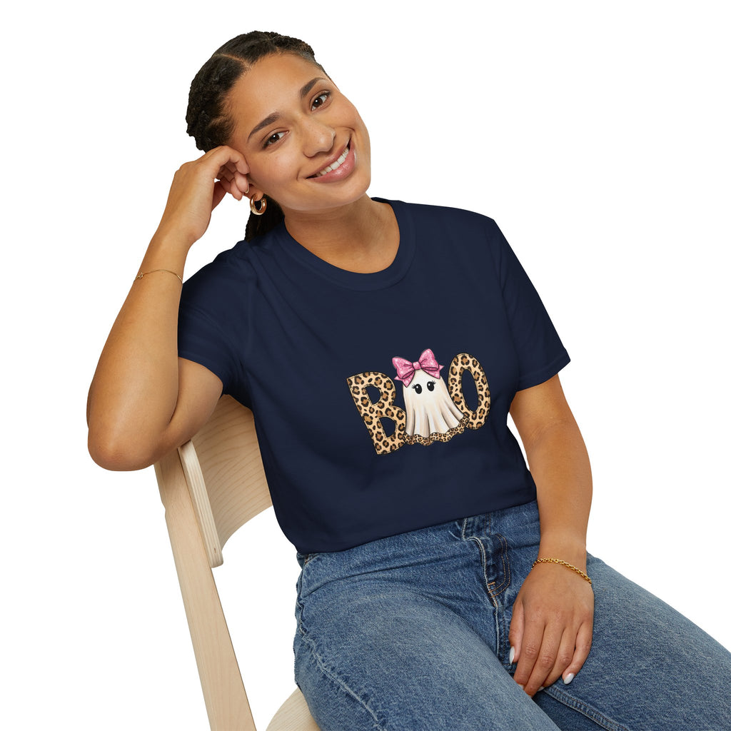 Boo Leopard Ghost T-Shirt — Cute Pink Bow Halloween Gift for Women Graphic Tee
