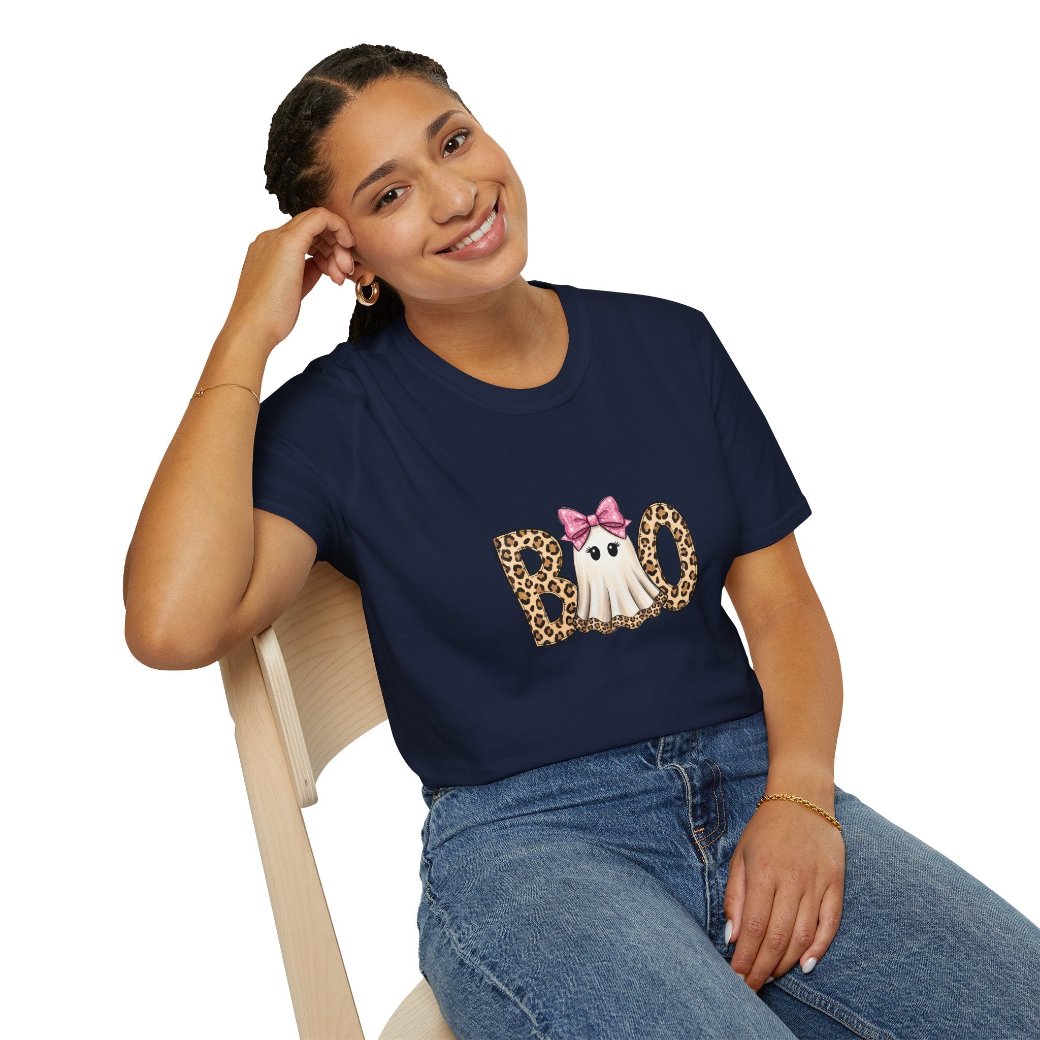 Boo Leopard Ghost T-Shirt — Cute Pink Bow Halloween Gift for Women Graphic Tee