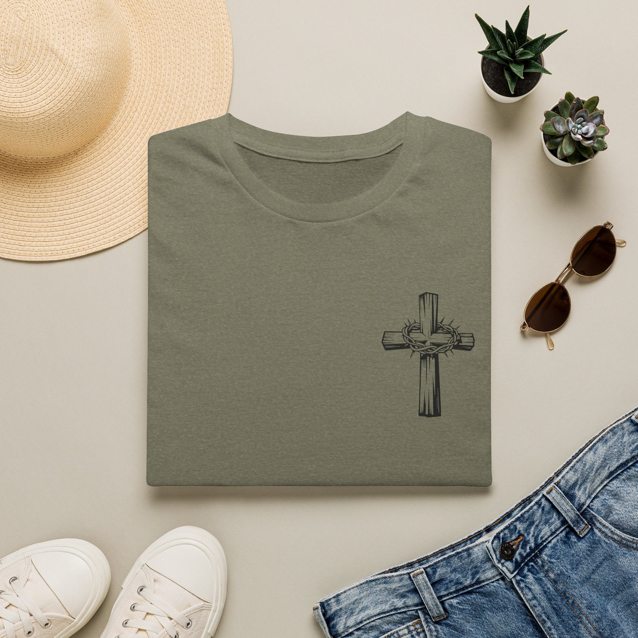 Cross Lion and Jesus Back Print T-Shirt — Wood Cross Chest Christian Faith Graphic