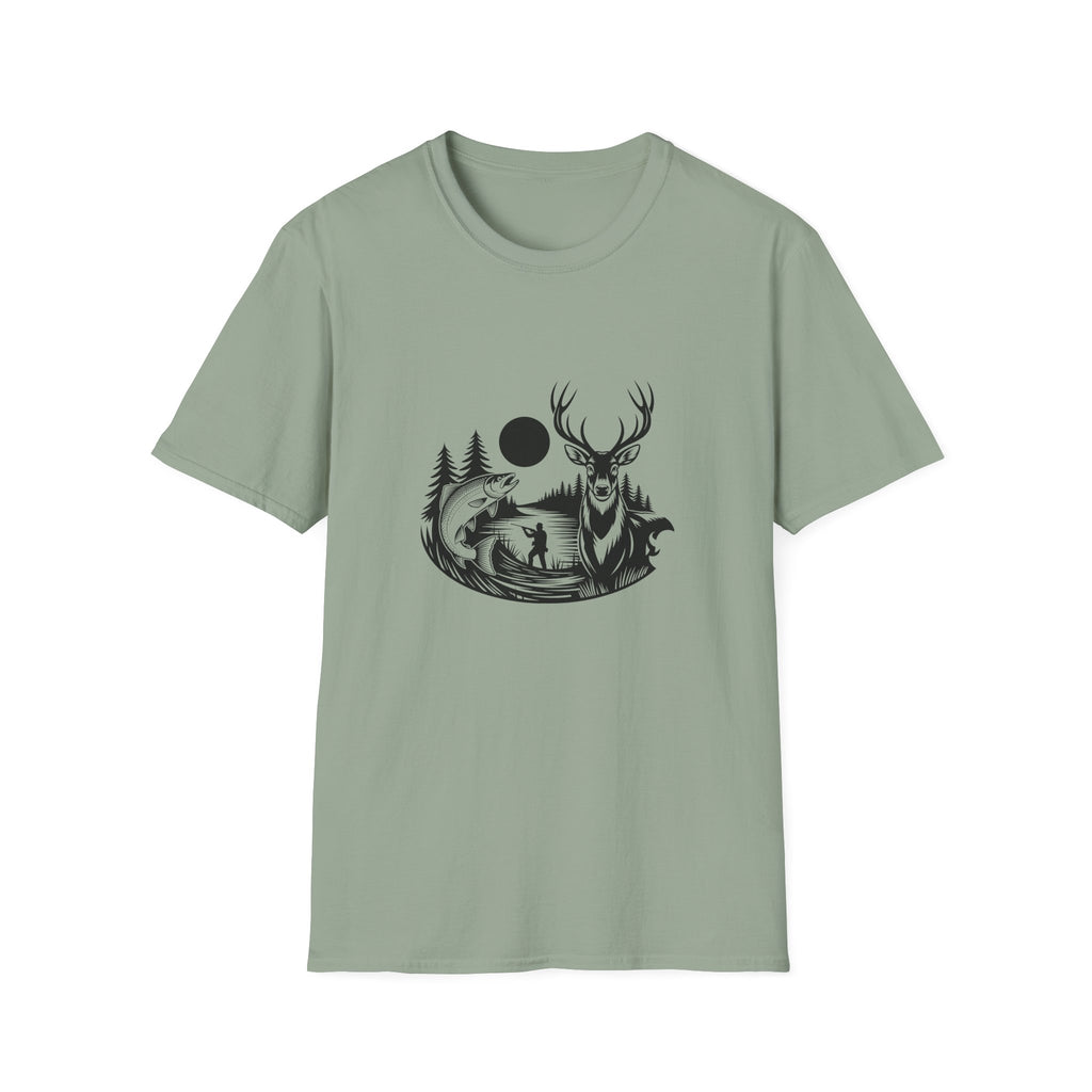 Deer & Fish Forest Silhouette T-Shirt — Rustic Outdoor Gift for Hunters Graphic Tee