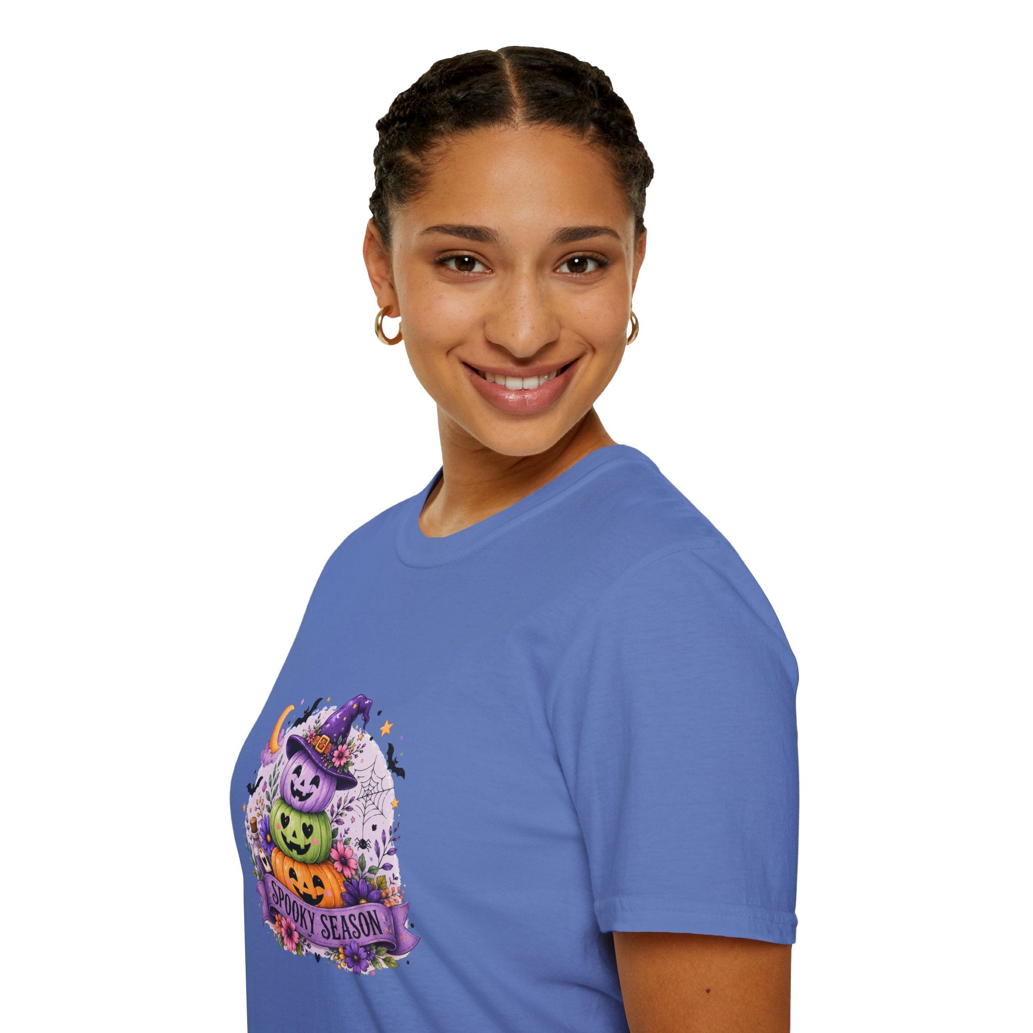 Spooky Season Pumpkin Stack T-Shirt — Cute Halloween Gift for Women Witch Hat Tee