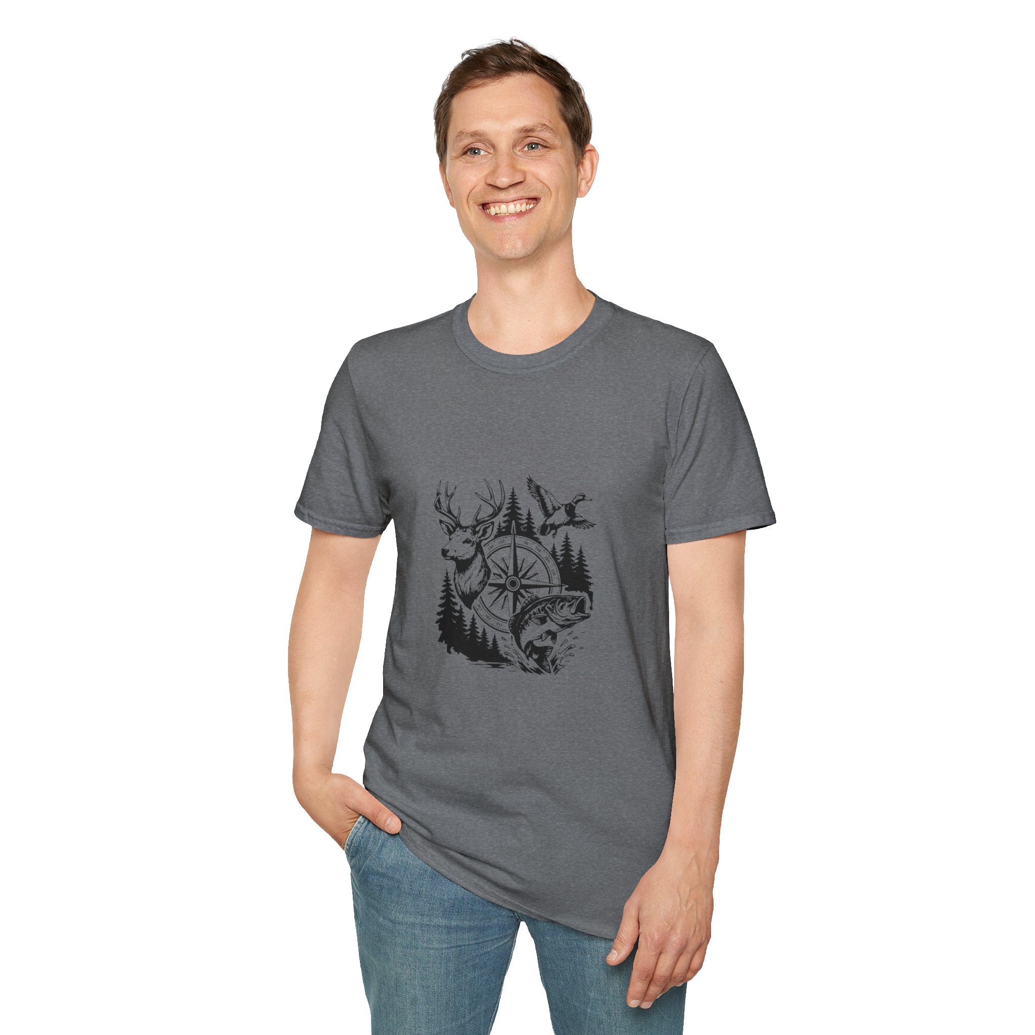 Outdoor Wildlife Compass T-Shirt — Deer Duck & Fish Nature Gift for Hunters