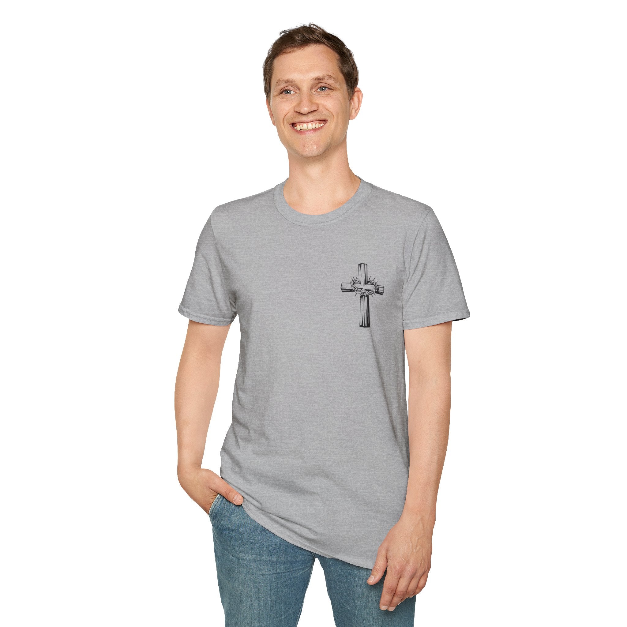 Cross Lion and Jesus Back Print T-Shirt — Wood Cross Chest Christian Faith Graphic