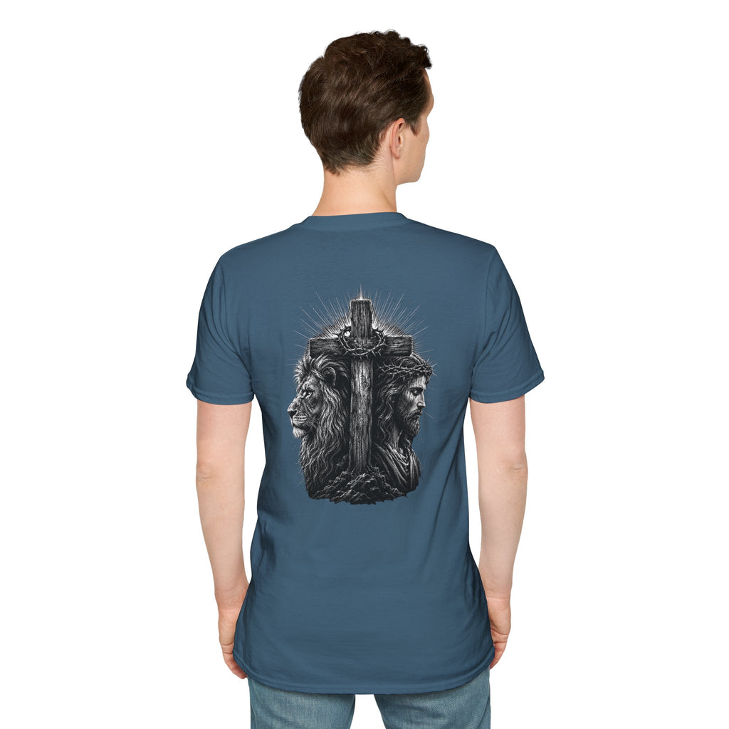 Cross Lion and Jesus Back Print T-Shirt — Wood Cross Chest Christian Faith Graphic
