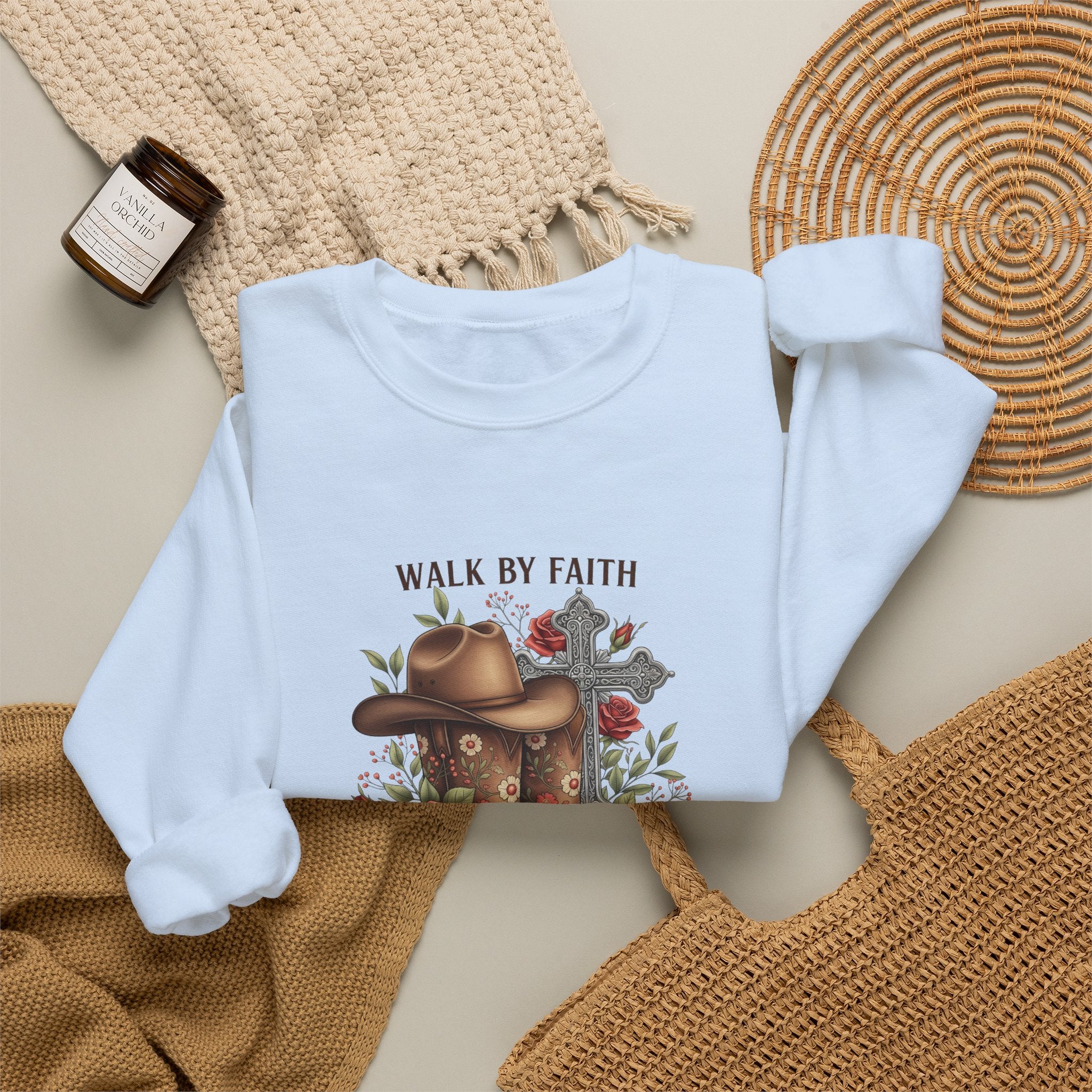 Faith Cowboy Boots Sweatshirt — "Walk by Faith, Even When You Cannot See" Christian Crewneck