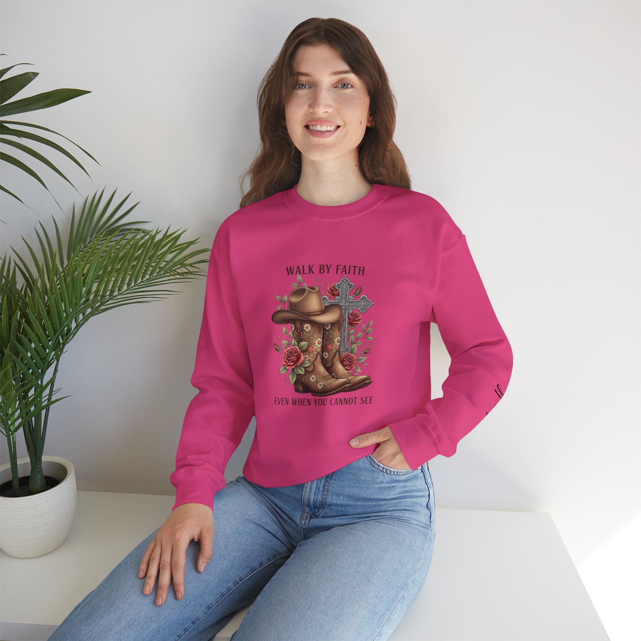 Faith Cowboy Boots Sweatshirt — "Walk by Faith, Even When You Cannot See" Christian Crewneck
