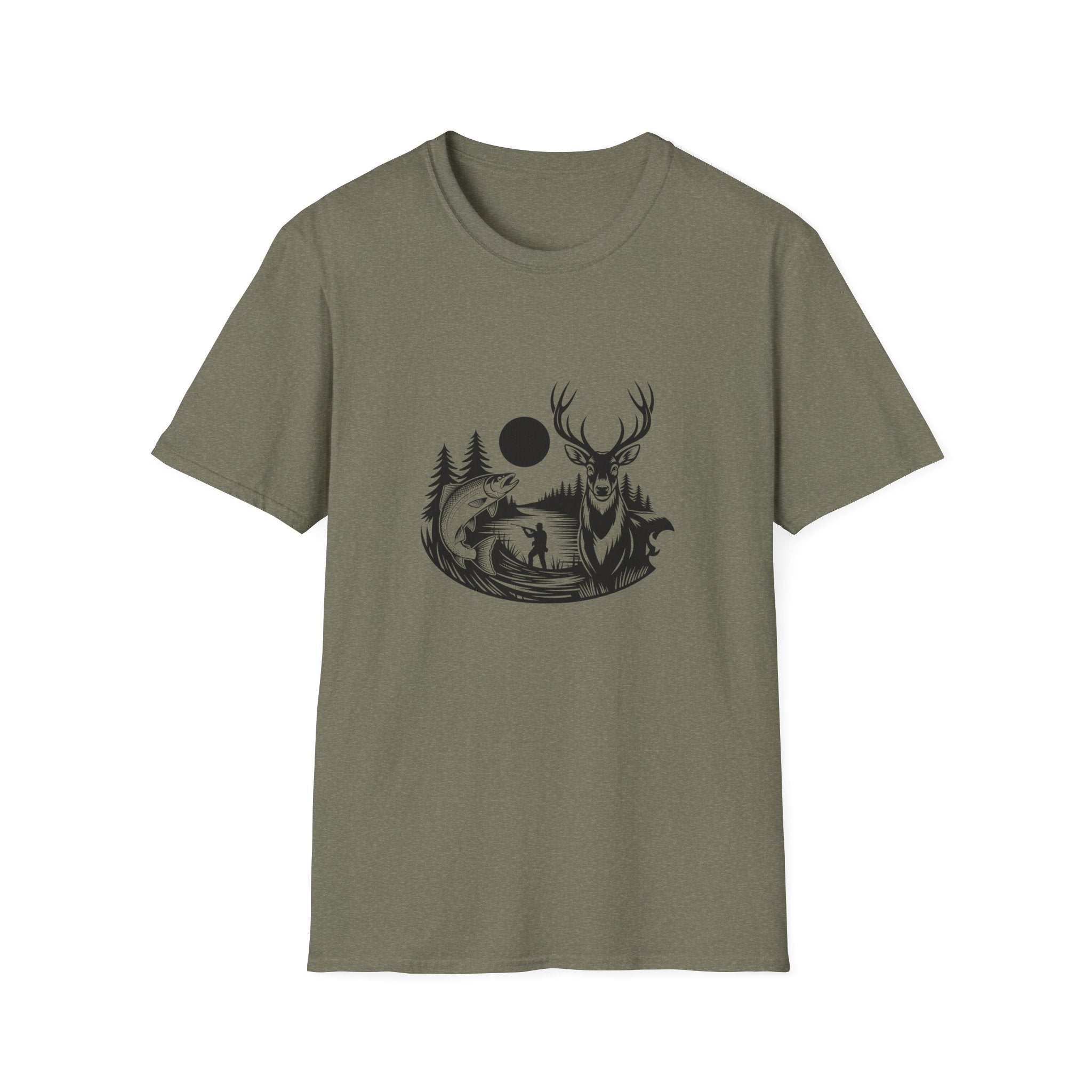 Deer & Fish Forest Silhouette T-Shirt — Rustic Outdoor Gift for Hunters Graphic Tee