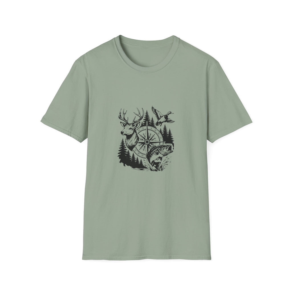 Outdoor Wildlife Compass T-Shirt — Deer Duck & Fish Nature Gift for Hunters
