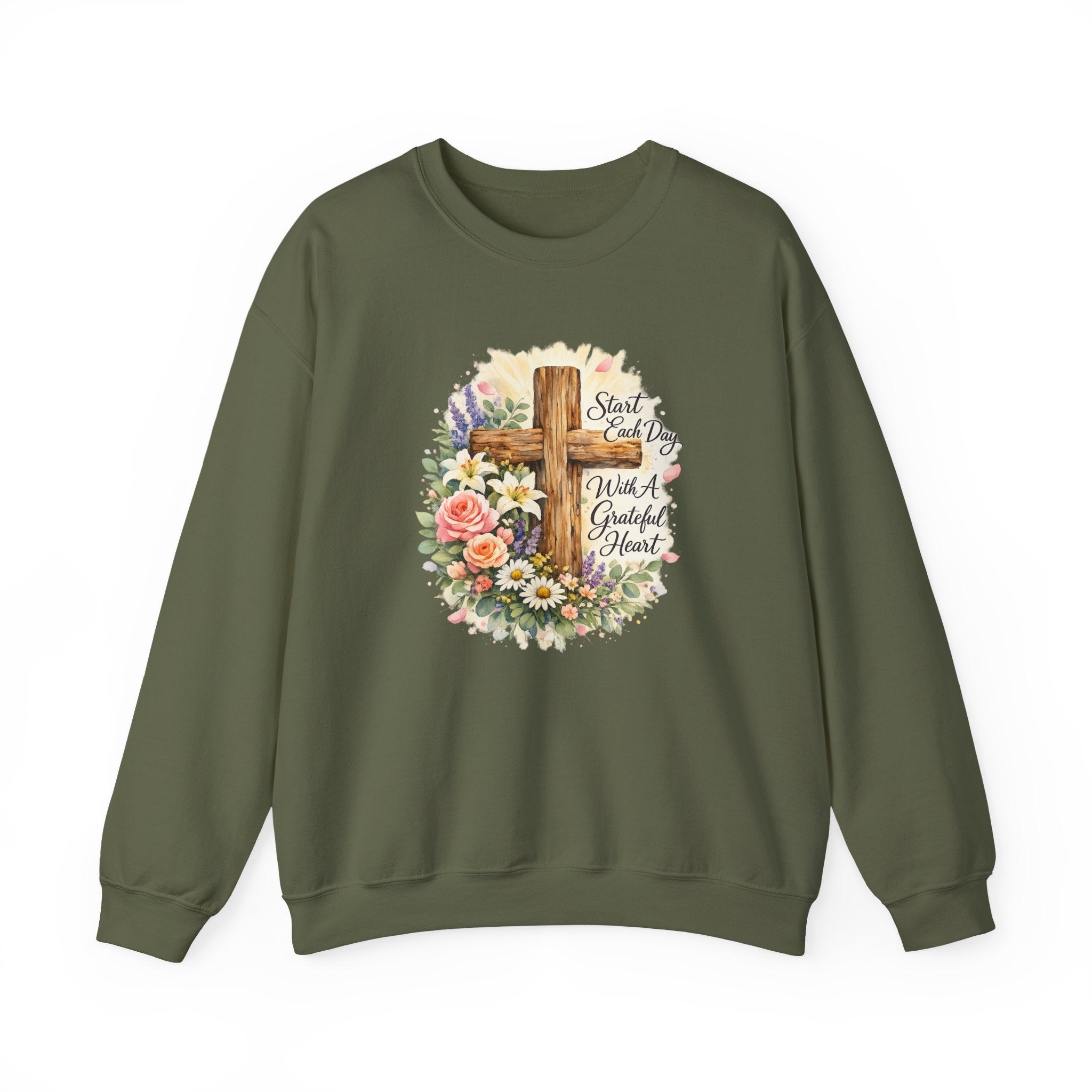 Christian Crewneck Sweatshirt — "Start Each Day with a Grateful Heart" Floral Cross