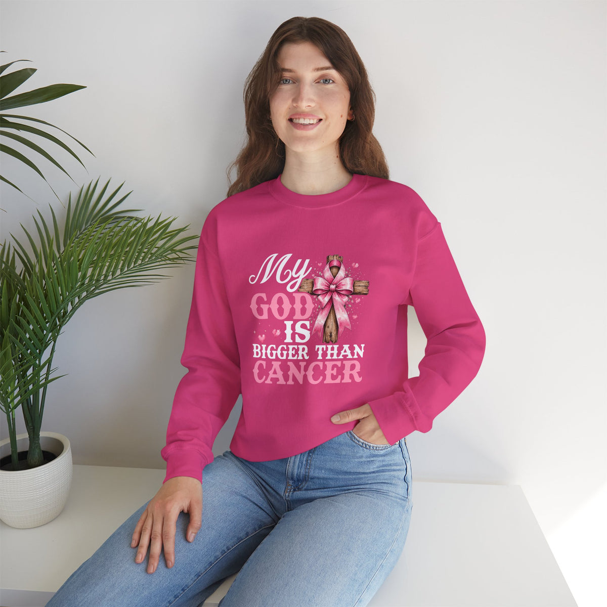 My God Is Bigger Than Cancer Breast Cancer Awareness Crewneck Sweatshirt
