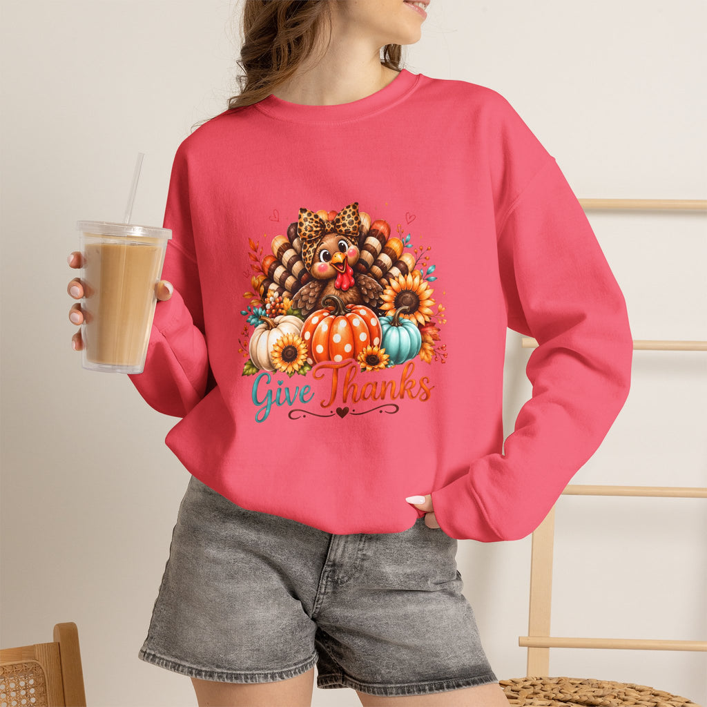 Sweatshirt — "Give Thanks" Autumn Turkey & Pumpkin Thanksgiving Crewneck