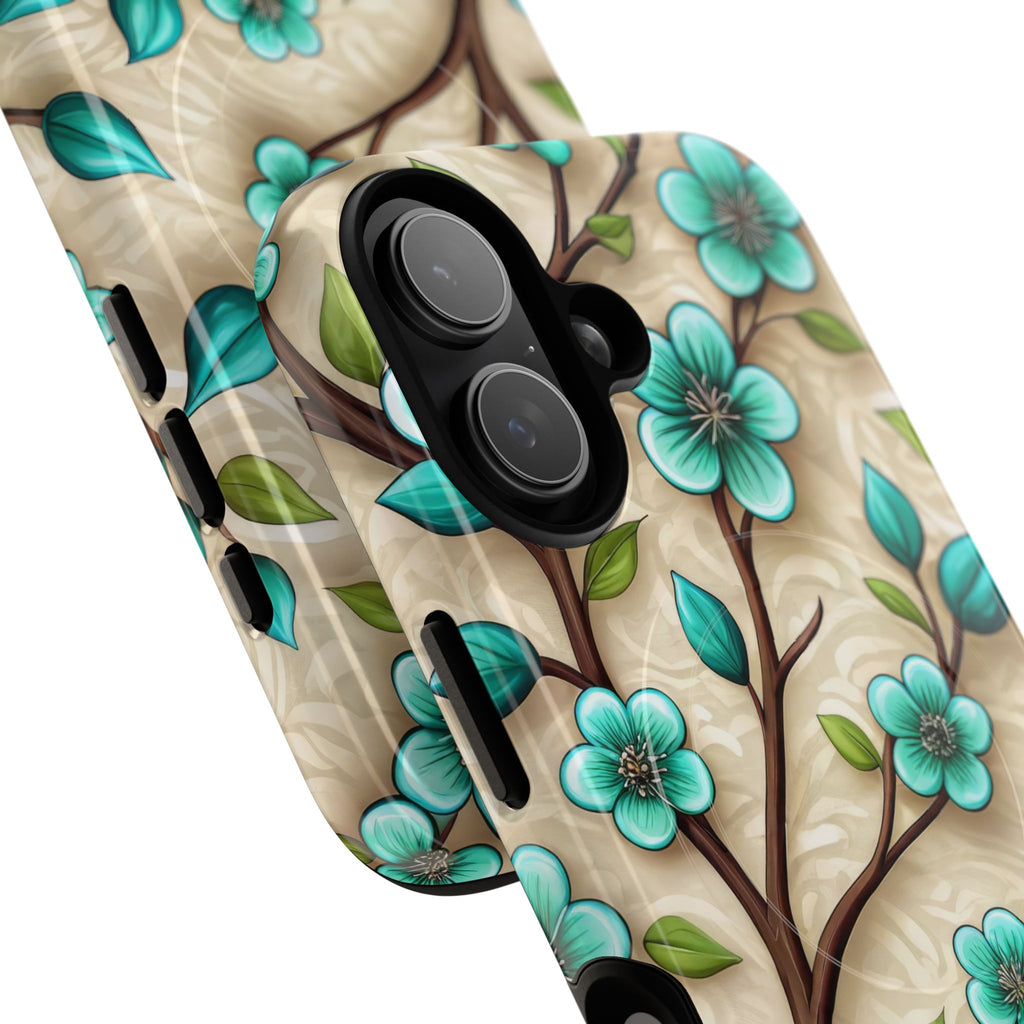Floral Teal Blossom Tough Magnetic iPhone Case — MagSafe Protective Cover
