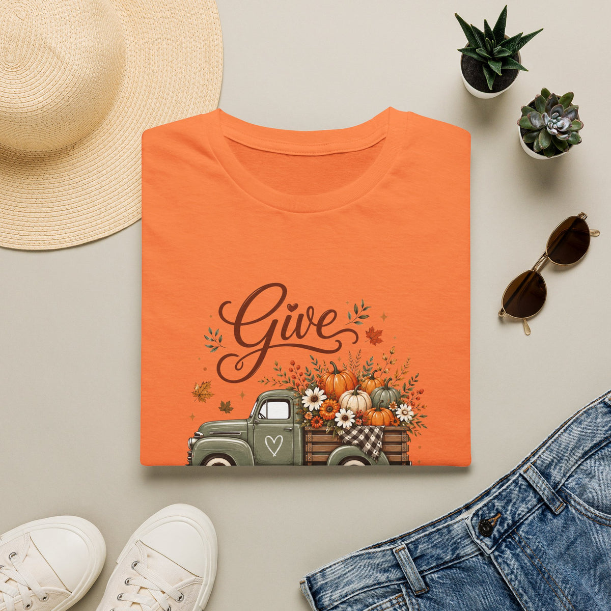 Give Thanks Fall Truck T-Shirt — Pumpkin Harvest Autumn Tee