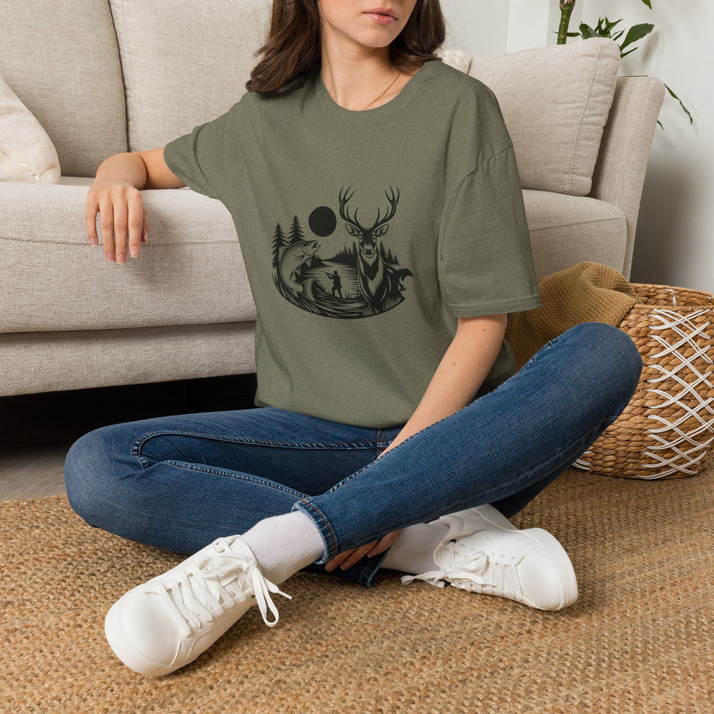 Deer & Fish Forest Silhouette T-Shirt — Rustic Outdoor Gift for Hunters Graphic Tee