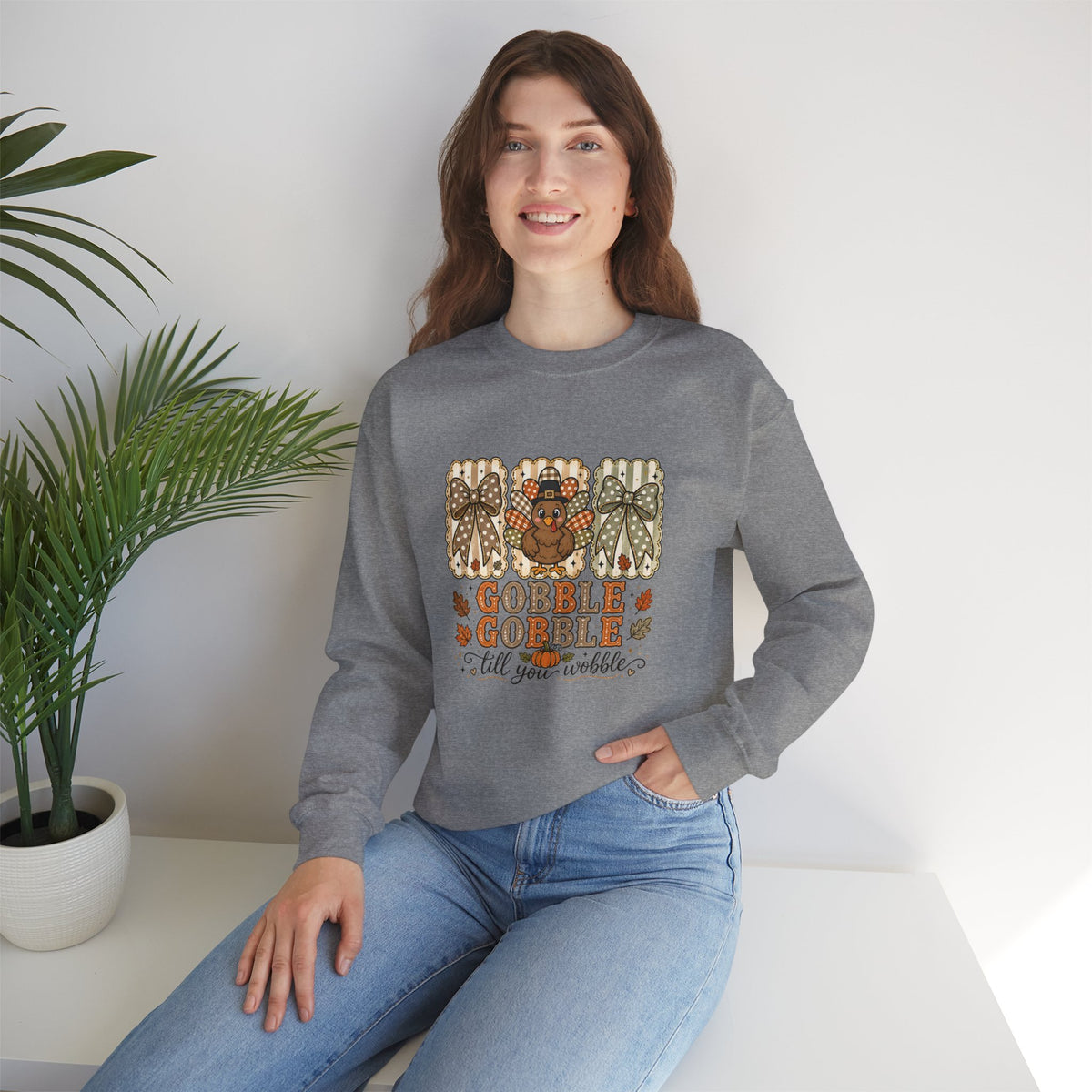 Thanksgiving Crewneck Sweatshirt — "Gobble Gobble 'til You Wobble" Turkey Design